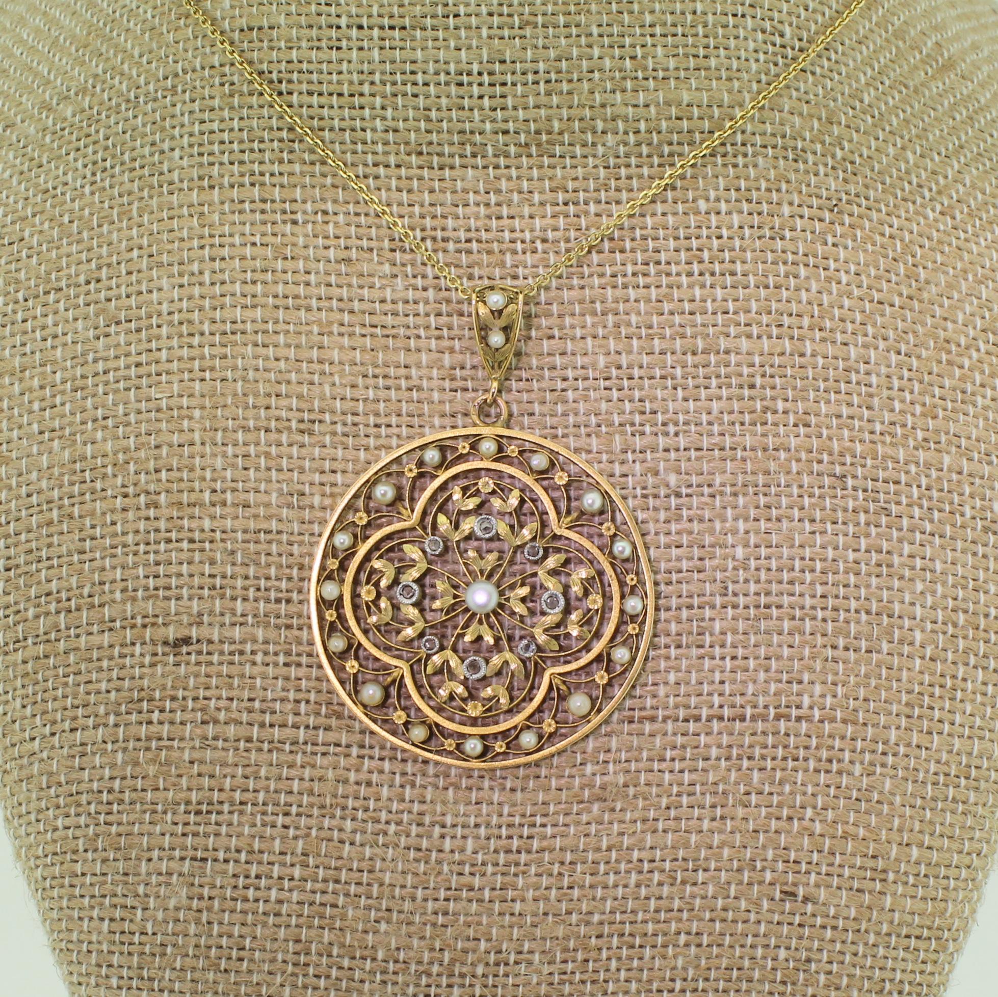 Art Nouveau Natural Seed Pearl and Rose Cut Diamond Pendant In New Condition For Sale In Essex, GB