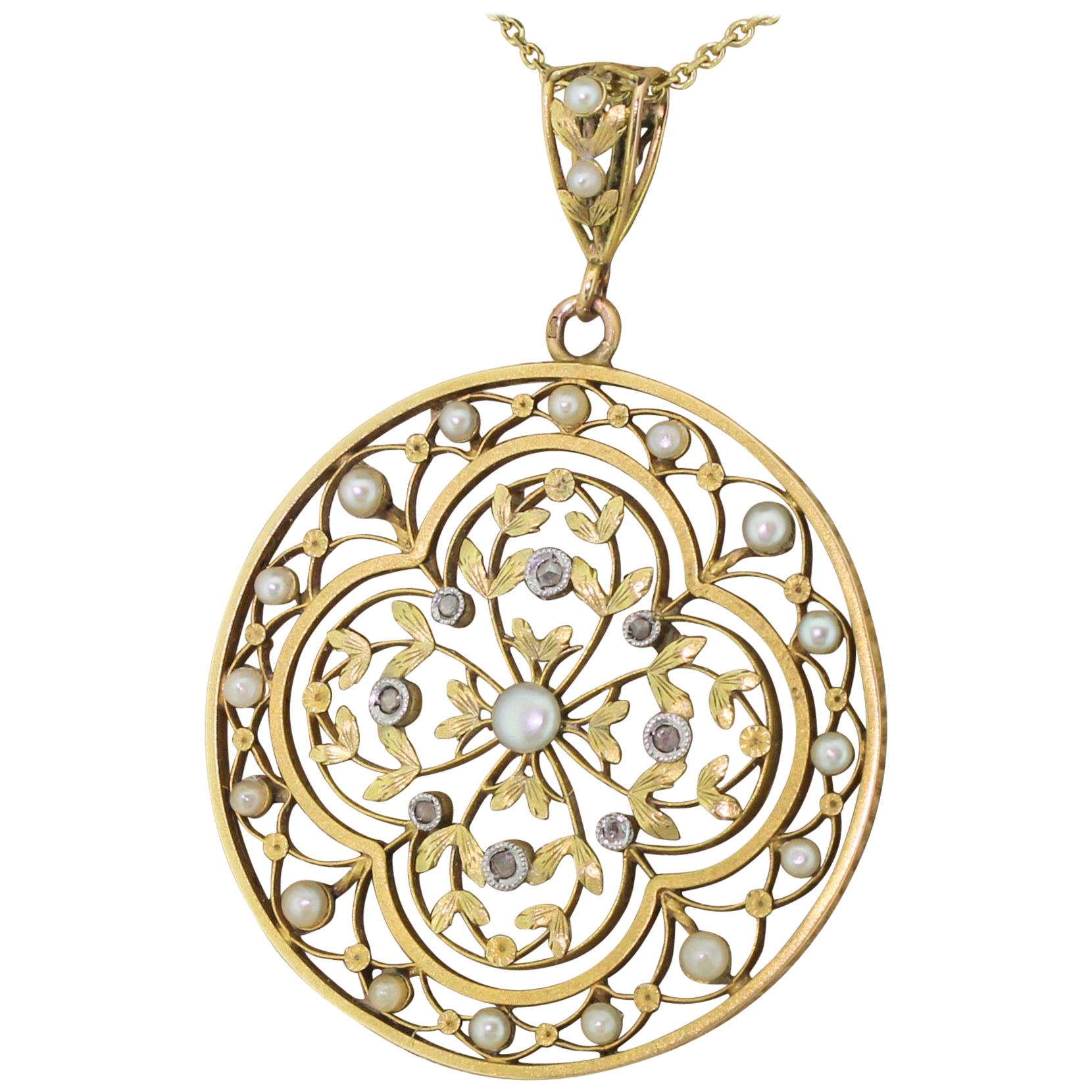Art Nouveau Natural Seed Pearl and Rose Cut Diamond Pendant For Sale
