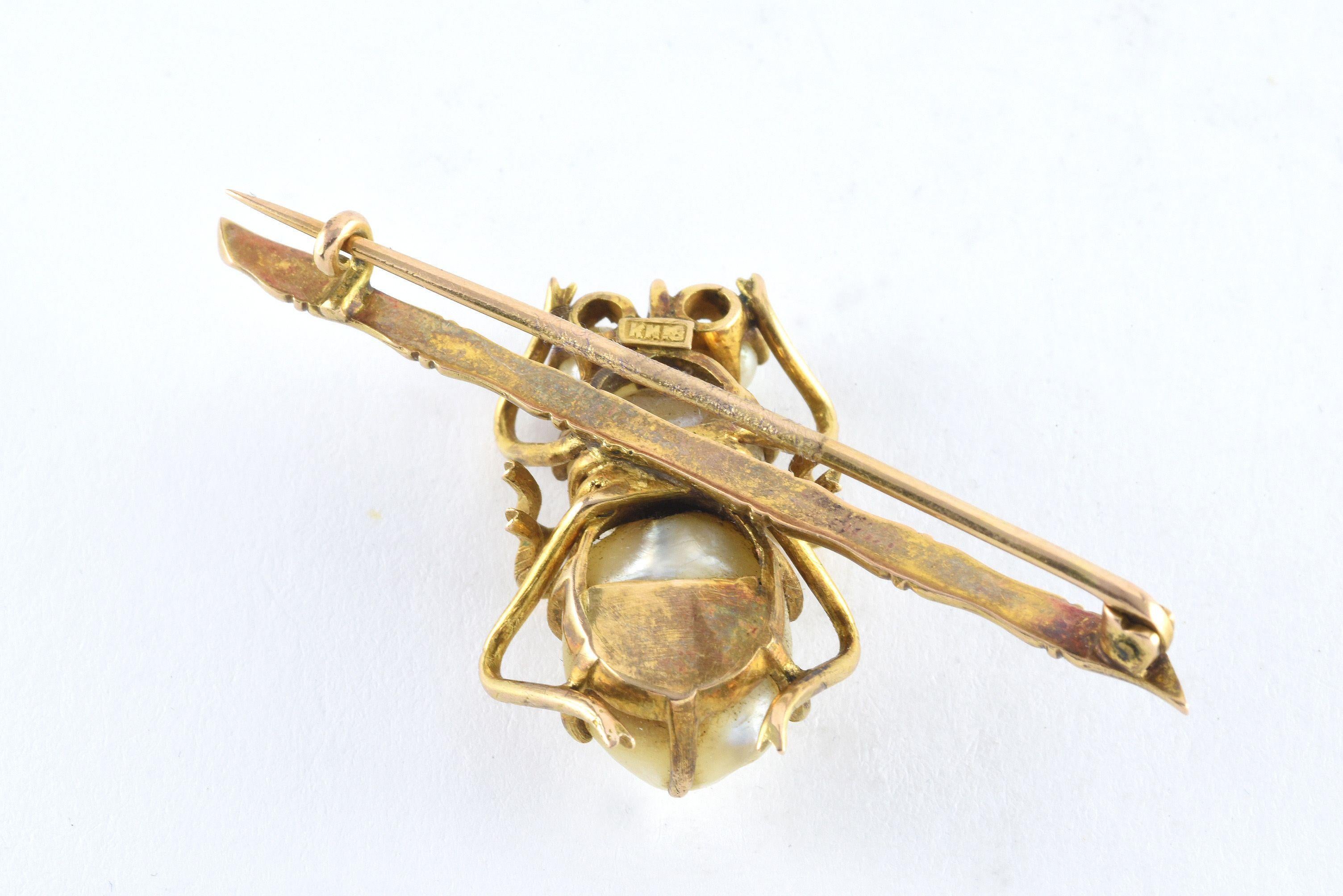 Art Nouveau Natural White Pearl Bug Brooch  In Good Condition In Denver, CO
