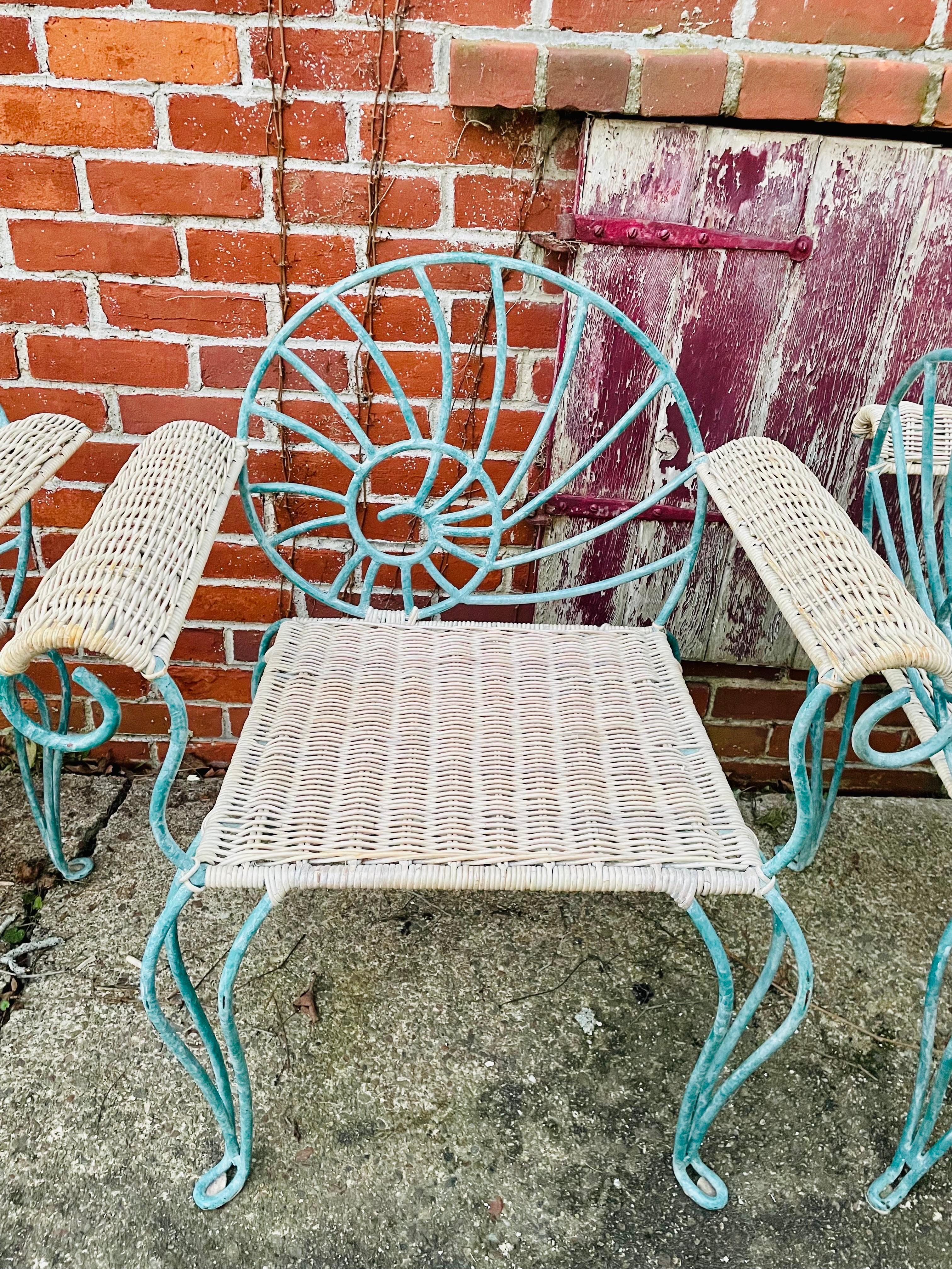 Vintage Wrought Iron Dining Chairs Arm Chairs with Wicker 5