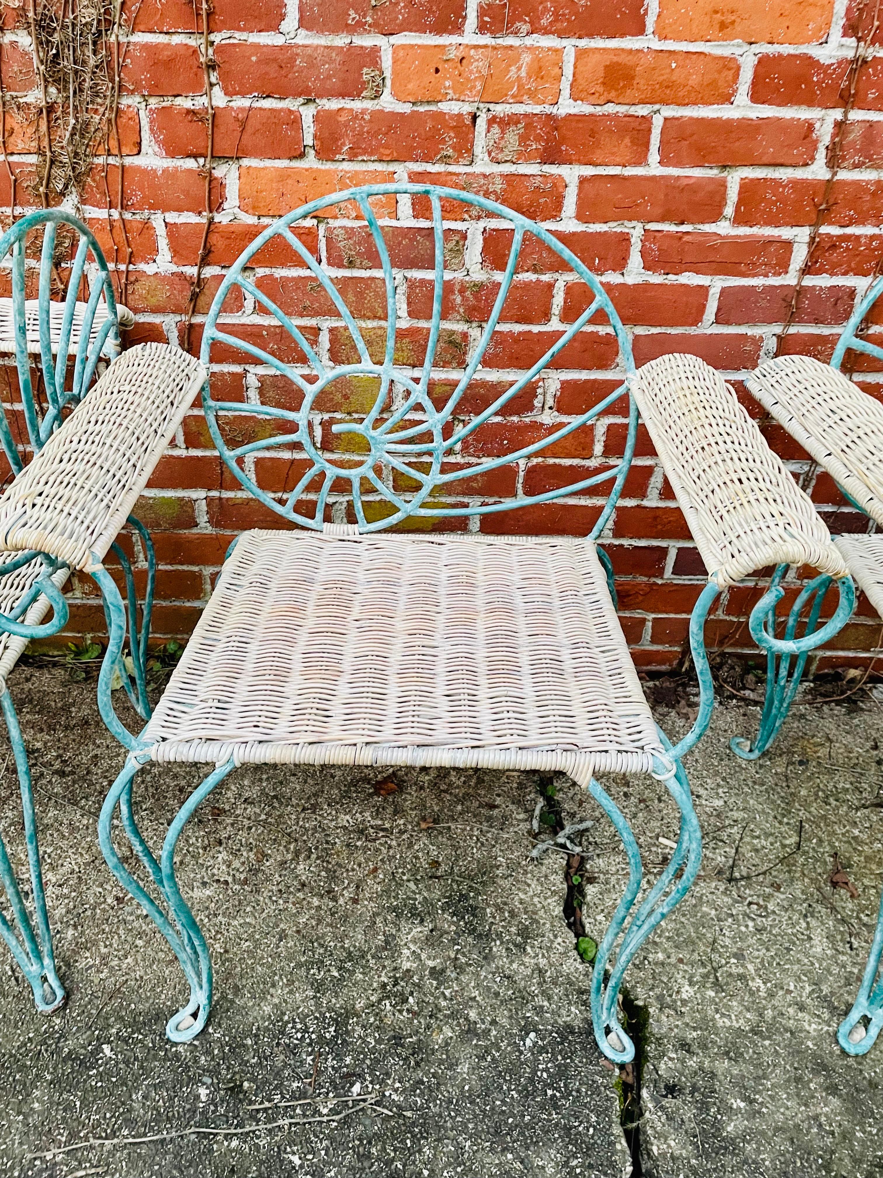 Vintage Wrought Iron Dining Chairs Arm Chairs with Wicker 6