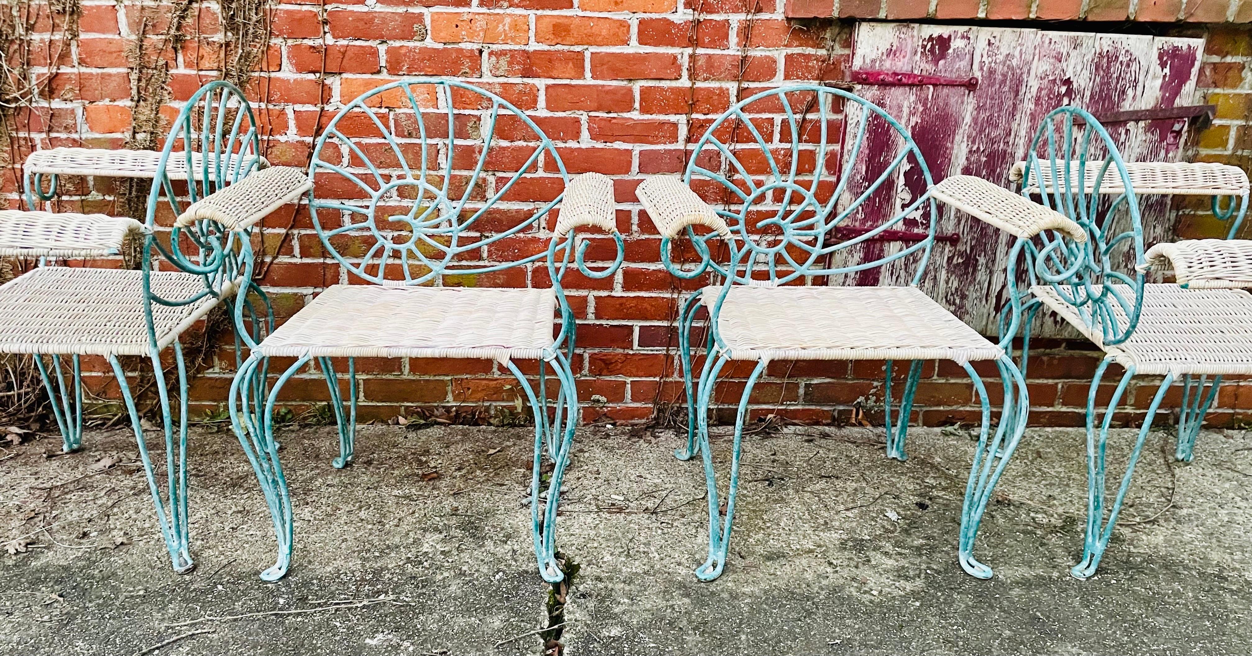 Vintage Wrought Iron Dining Chairs Arm Chairs with Wicker 7