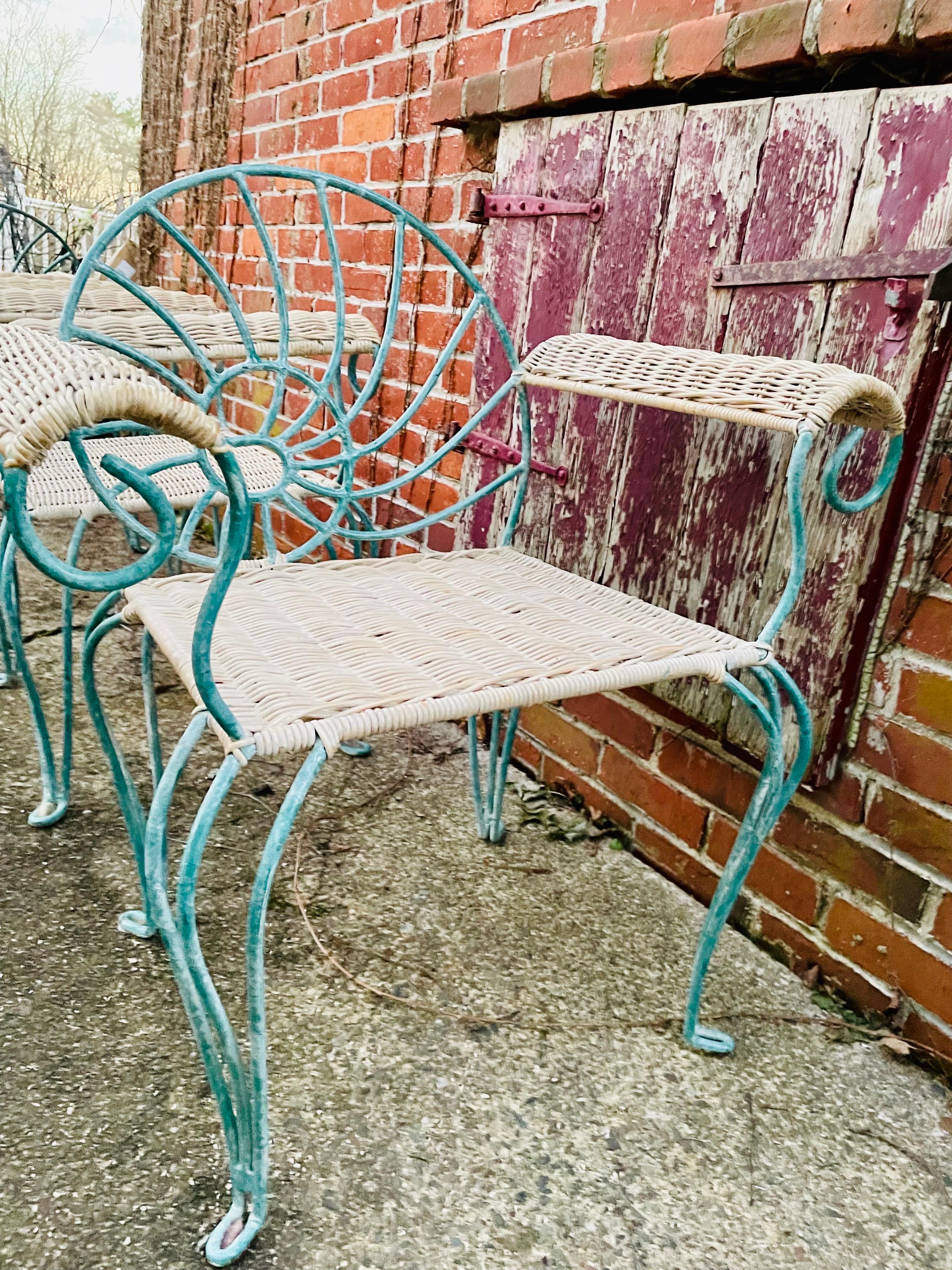Vintage Wrought Iron Dining Chairs Arm Chairs with Wicker 9
