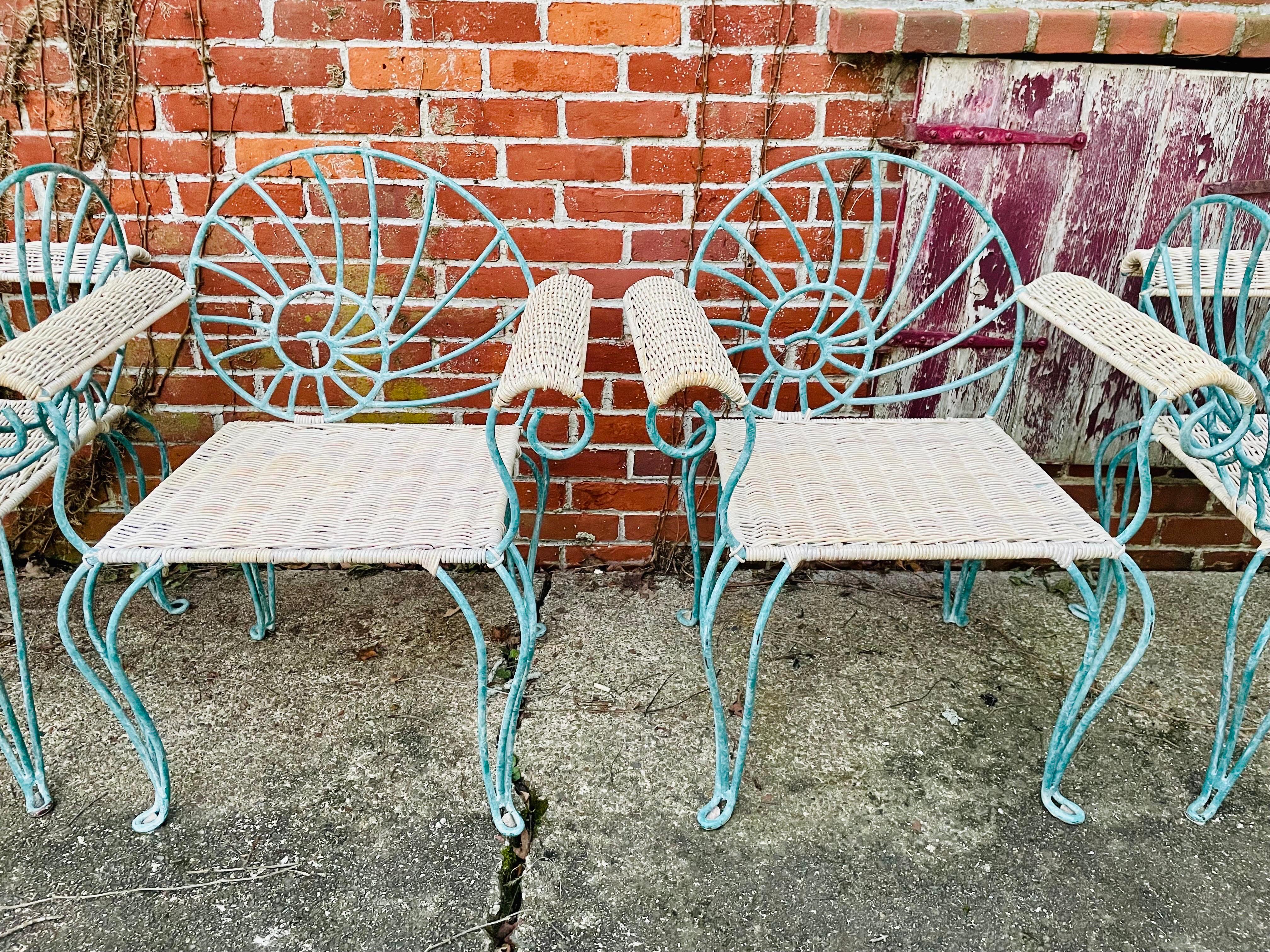 Art Deco Vintage Wrought Iron Dining Chairs Arm Chairs with Wicker