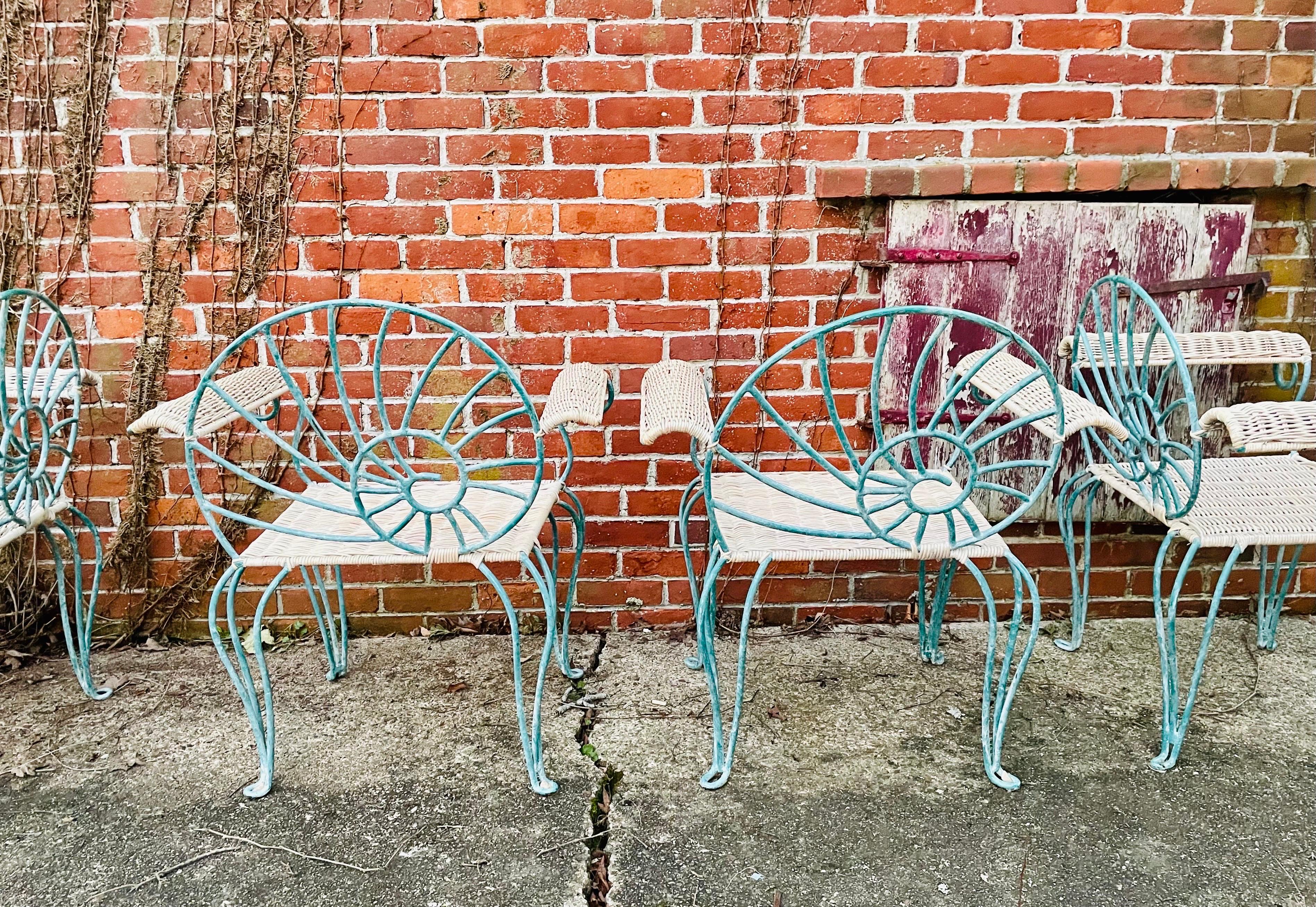 Vintage Wrought Iron Dining Chairs Arm Chairs with Wicker In Excellent Condition In Cumberland, RI