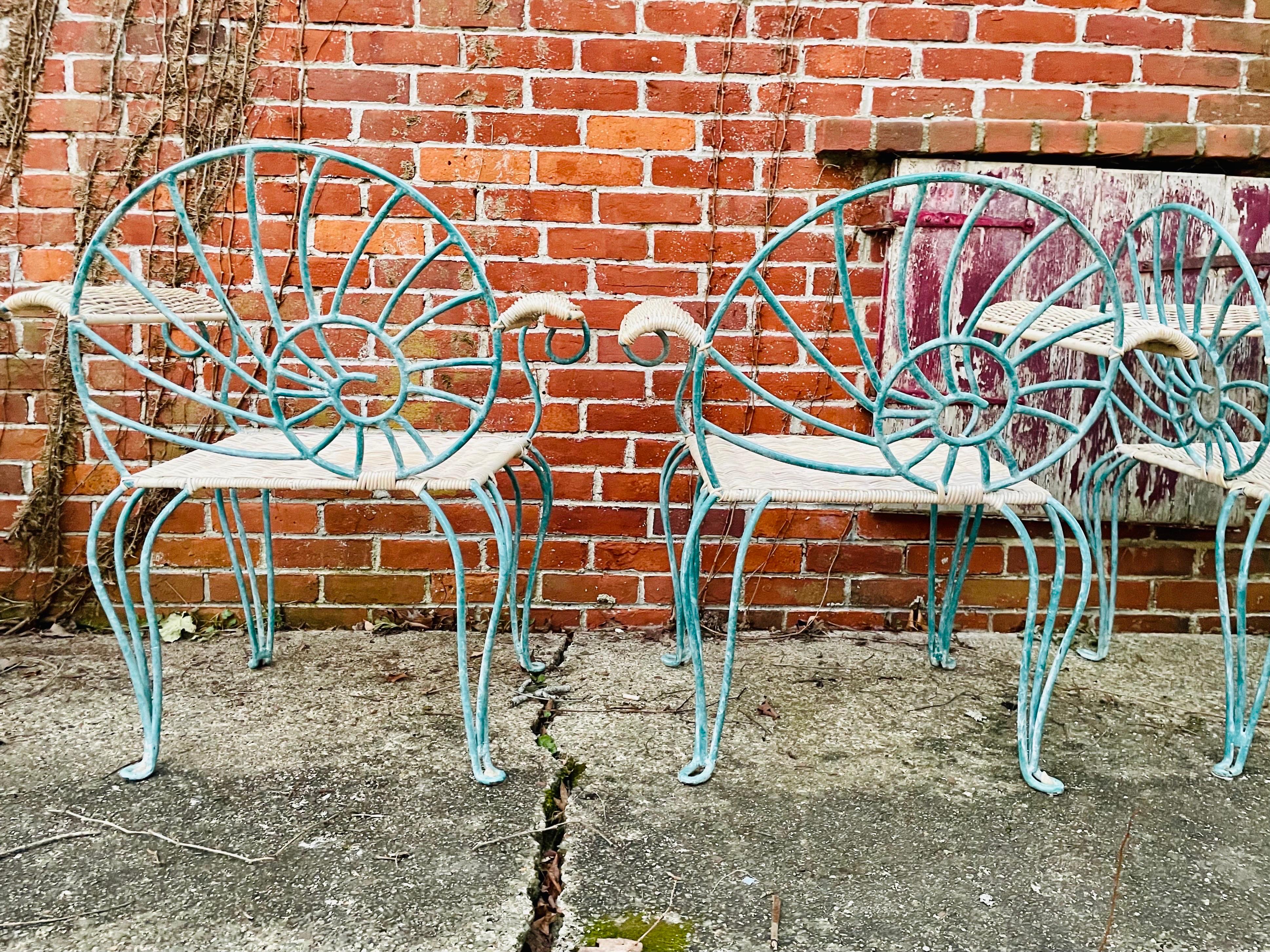 20th Century Vintage Wrought Iron Dining Chairs Arm Chairs with Wicker