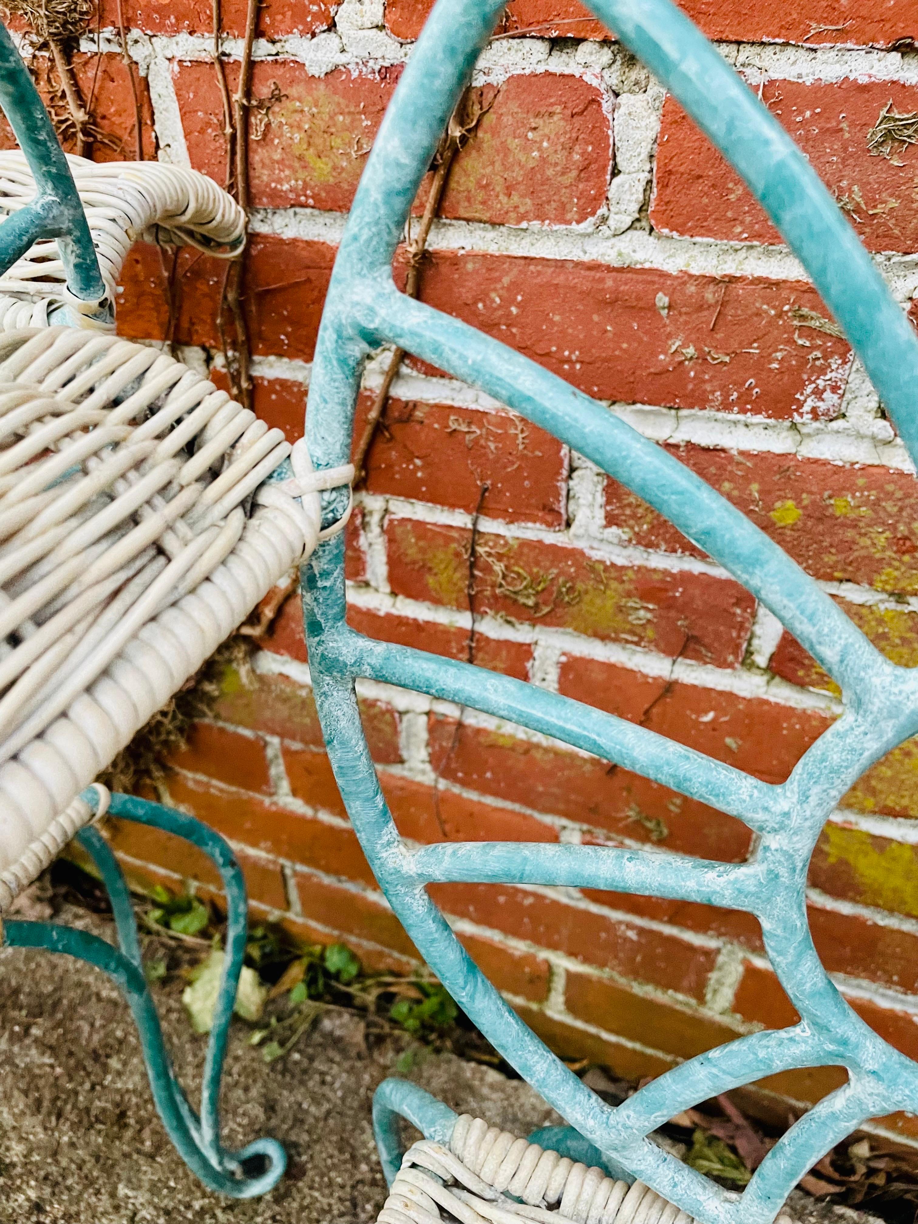 Vintage Wrought Iron Dining Chairs Arm Chairs with Wicker 1