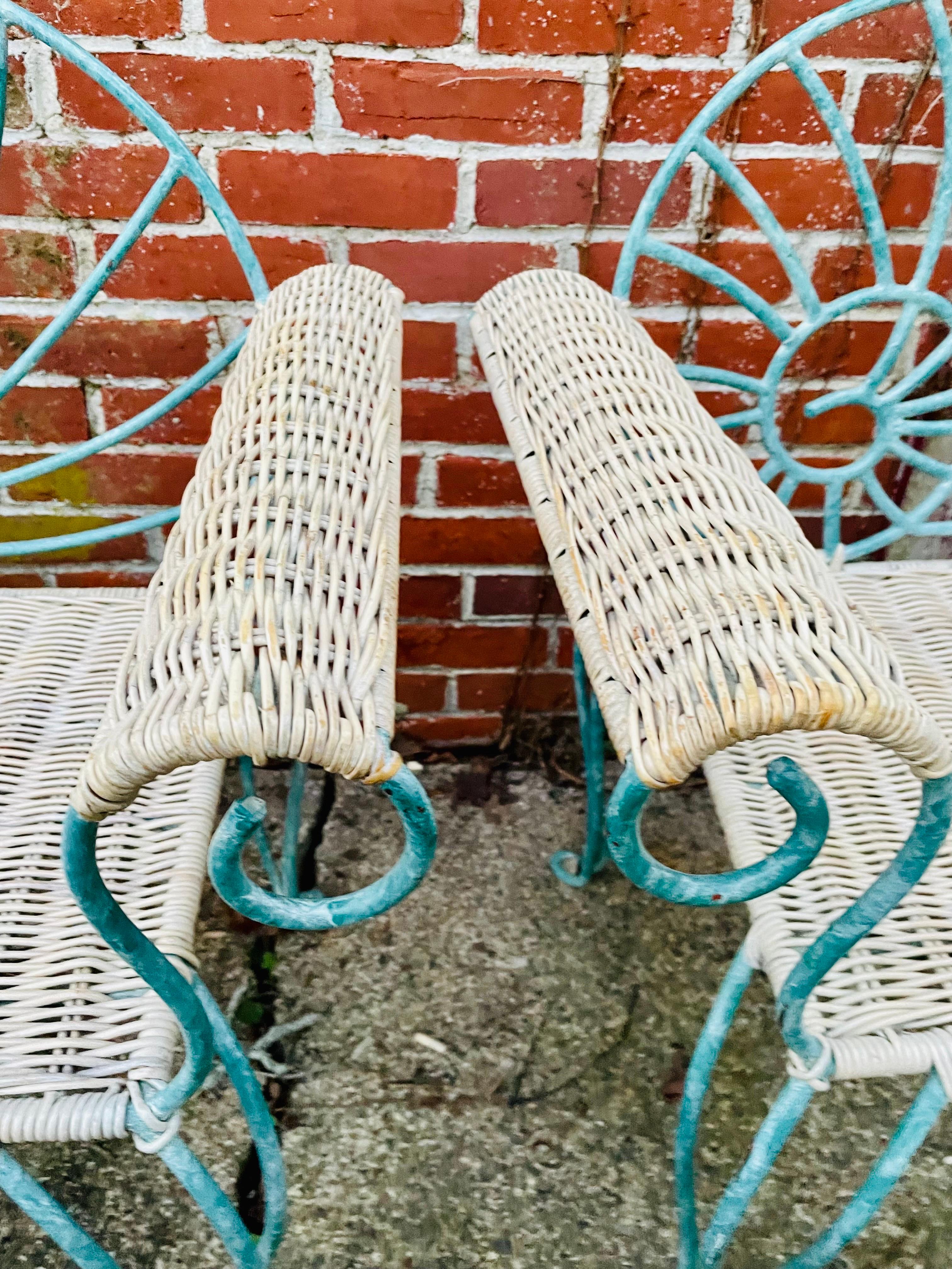 Vintage Wrought Iron Dining Chairs Arm Chairs with Wicker 3