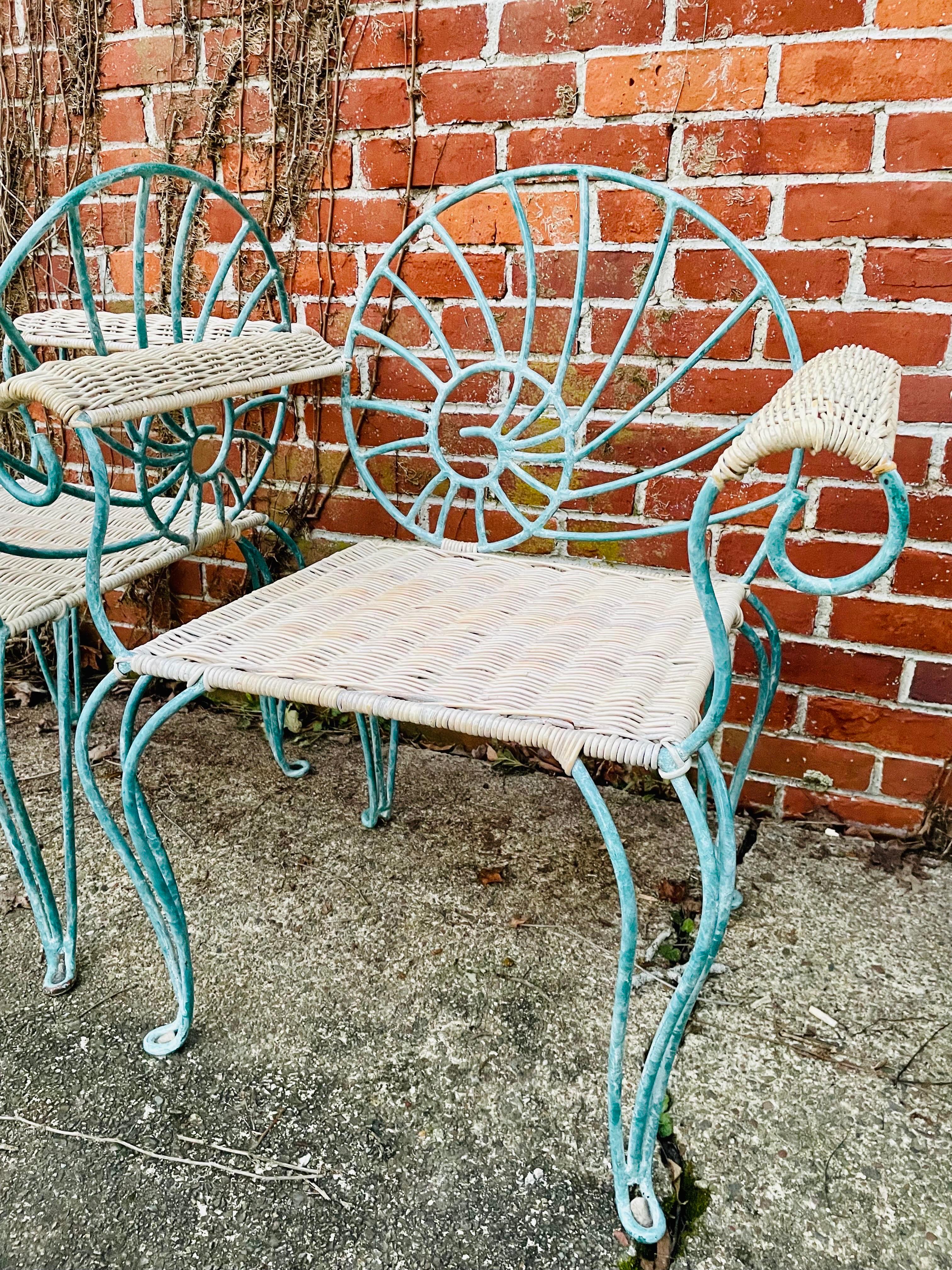 Vintage Wrought Iron Dining Chairs Arm Chairs with Wicker 4