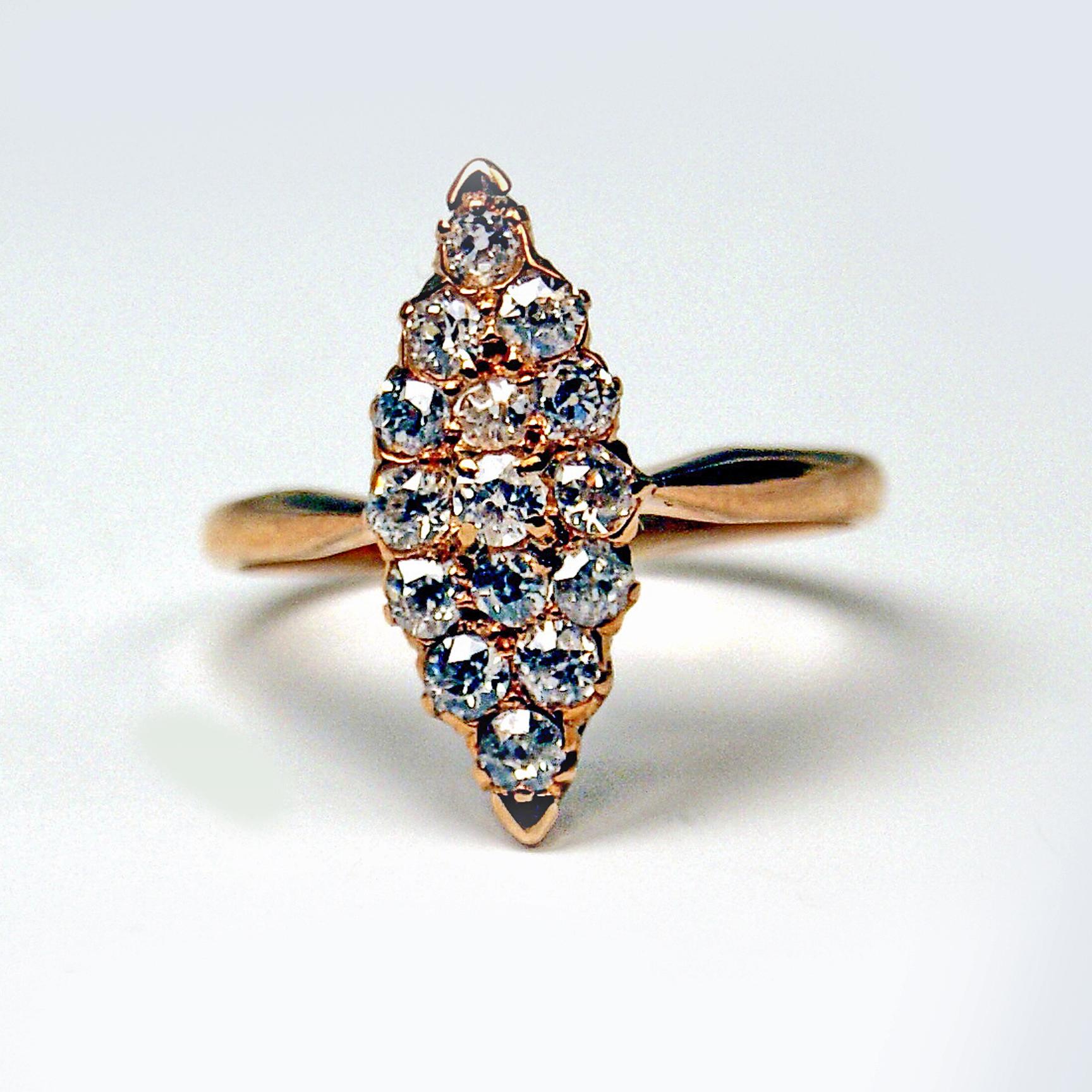 Art Nouveau most elegant ring:
NAVETTE DIAMONDS IN MIDDLE AREA  (VINTAGE CUTS / 0.75 Carat)

This superb Navette Ring is embellished with gorgeous rose-cut diamonds manufactured in excellent manner. Vintage 14ct rose gold alloy. - Please note that