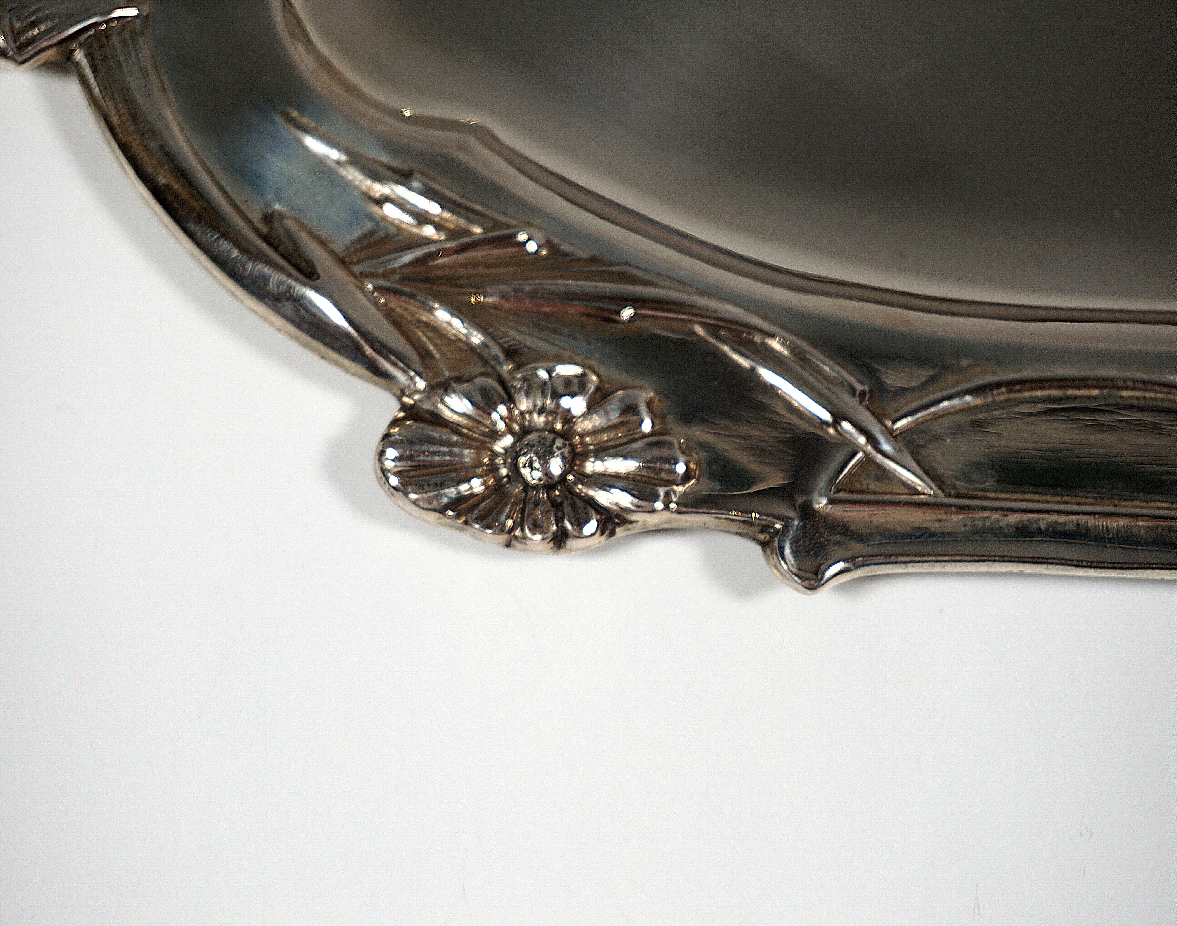 Austrian Art Nouveau Navette Shape Silver Tray, by Leopold & Ludwig Mandl Vienna, Ca 1900 For Sale