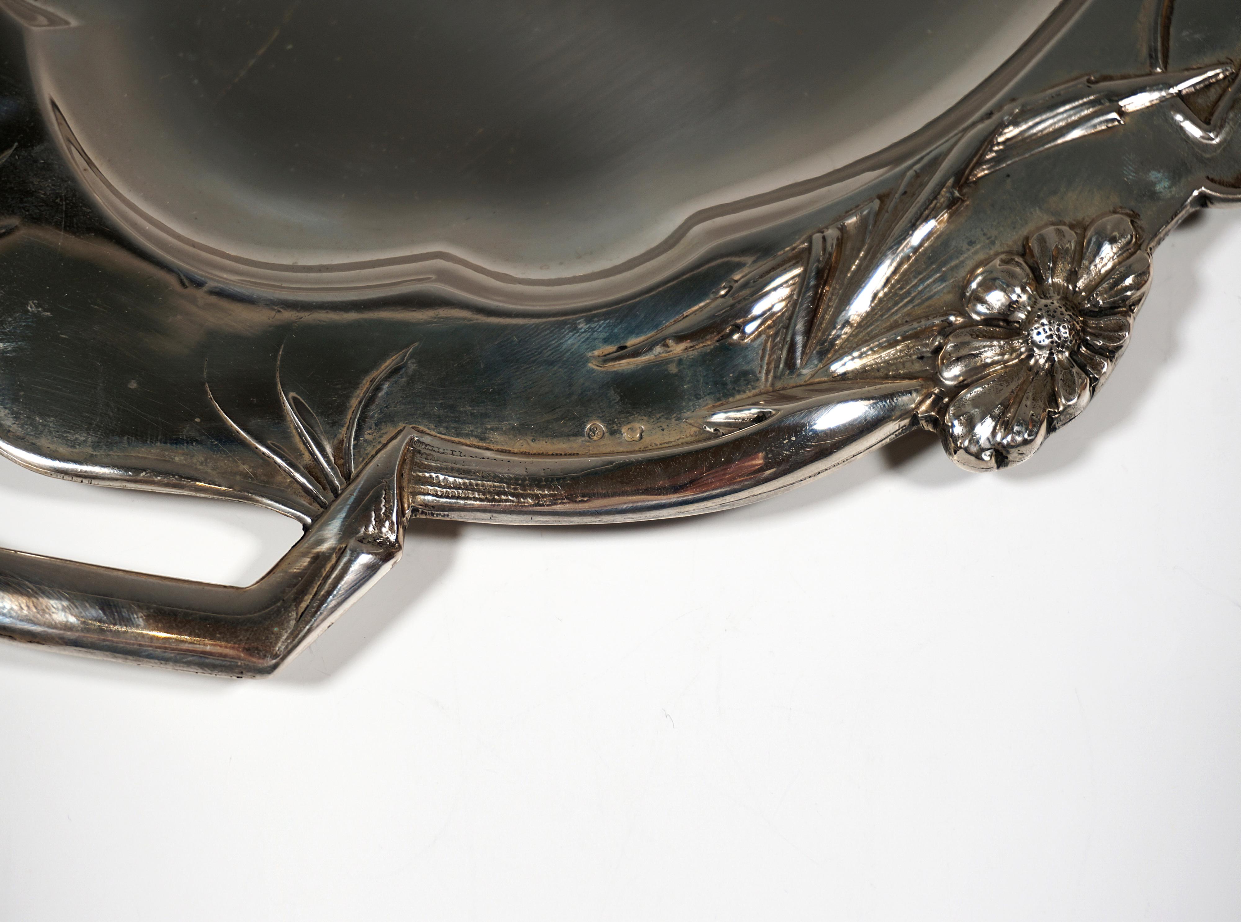 Hand-Crafted Art Nouveau Navette Shape Silver Tray, by Leopold & Ludwig Mandl Vienna, Ca 1900 For Sale