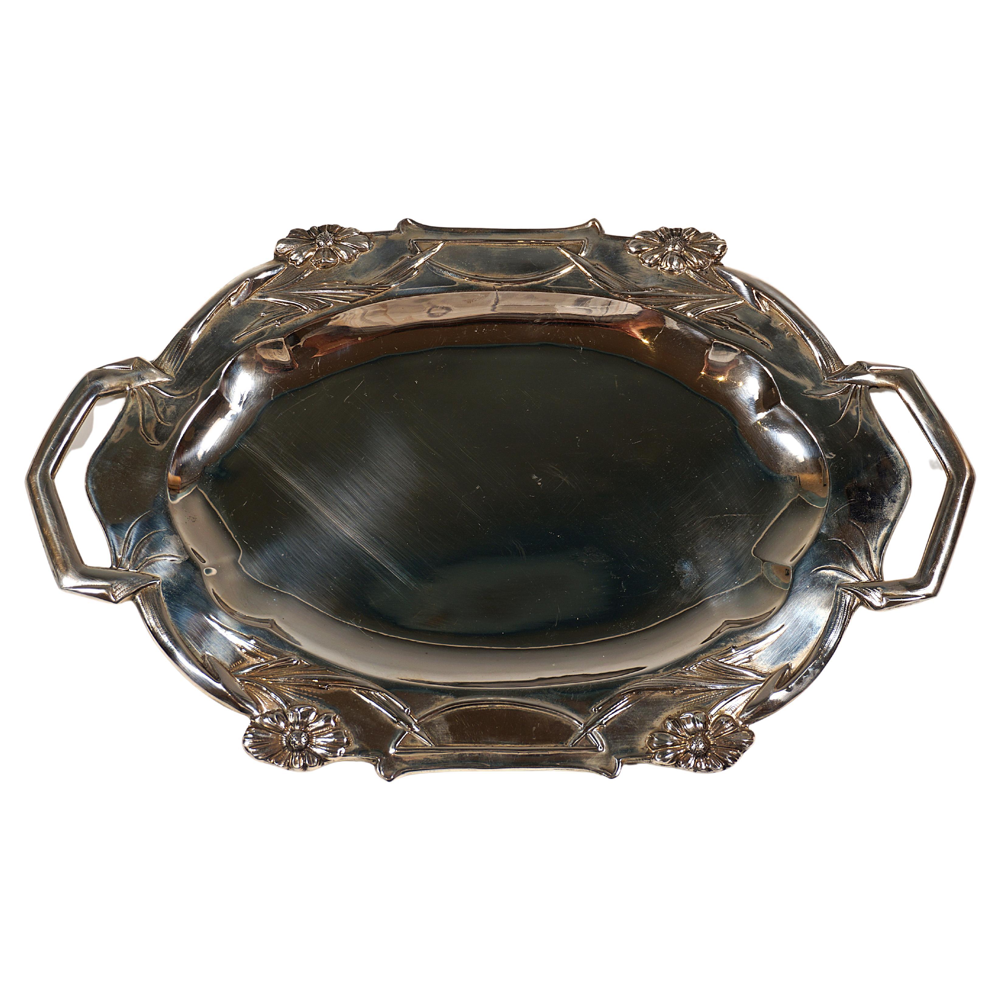 Art Nouveau Navette Shape Silver Tray, by Leopold & Ludwig Mandl Vienna, Ca 1900