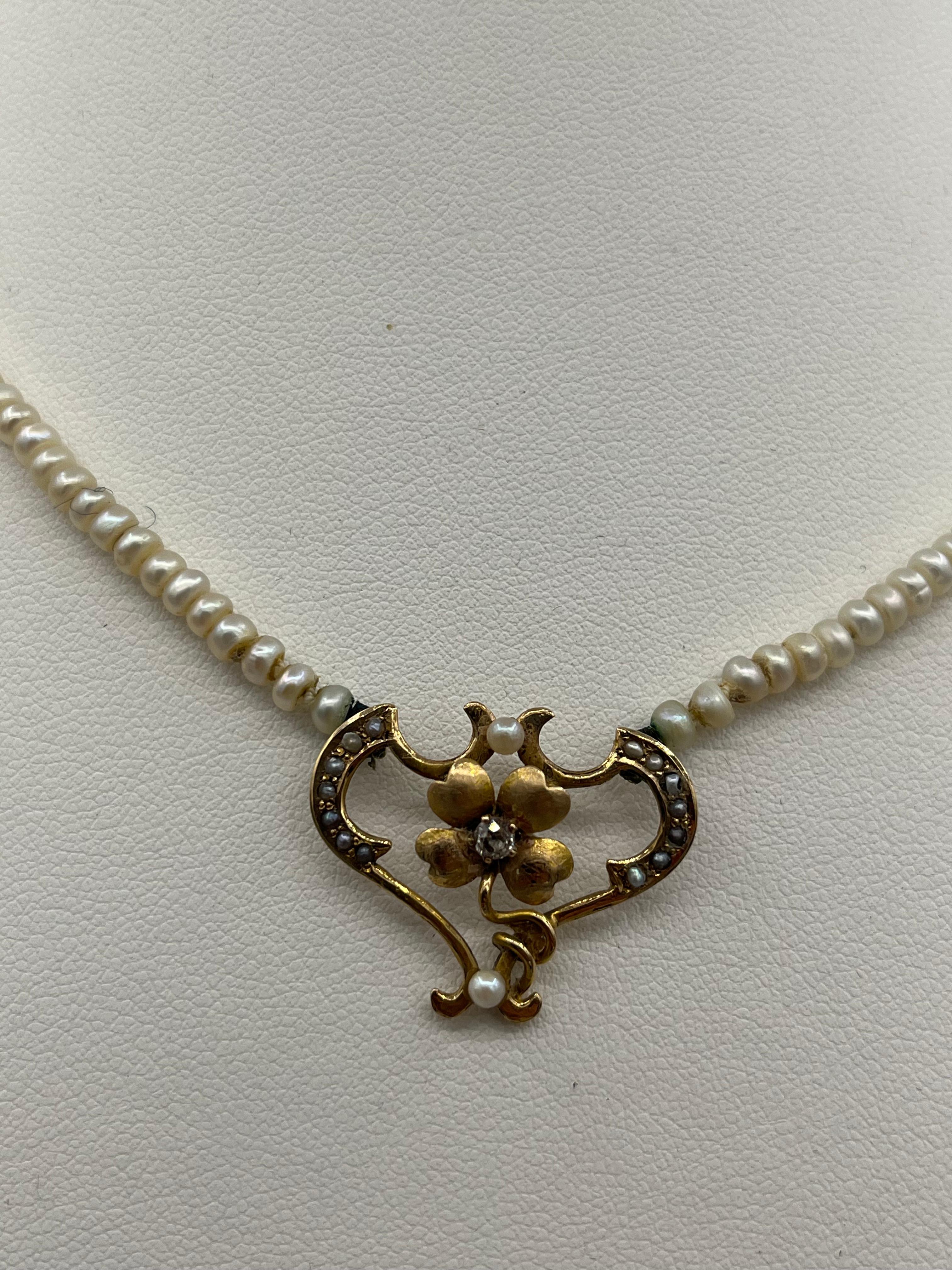 Art Nouveau Art nouveau necklace 18 k gold diamonds pearlchain