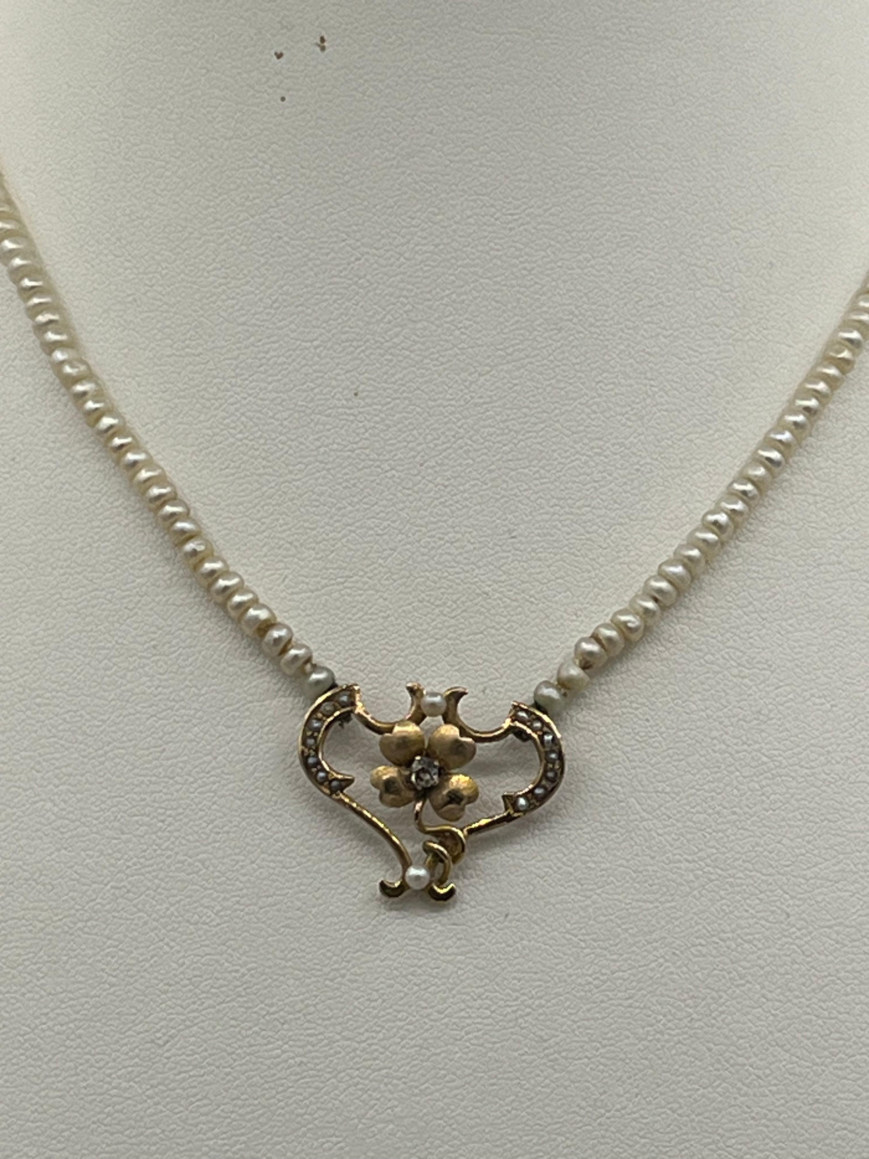 Women's Art nouveau necklace 18 k gold diamonds pearlchain