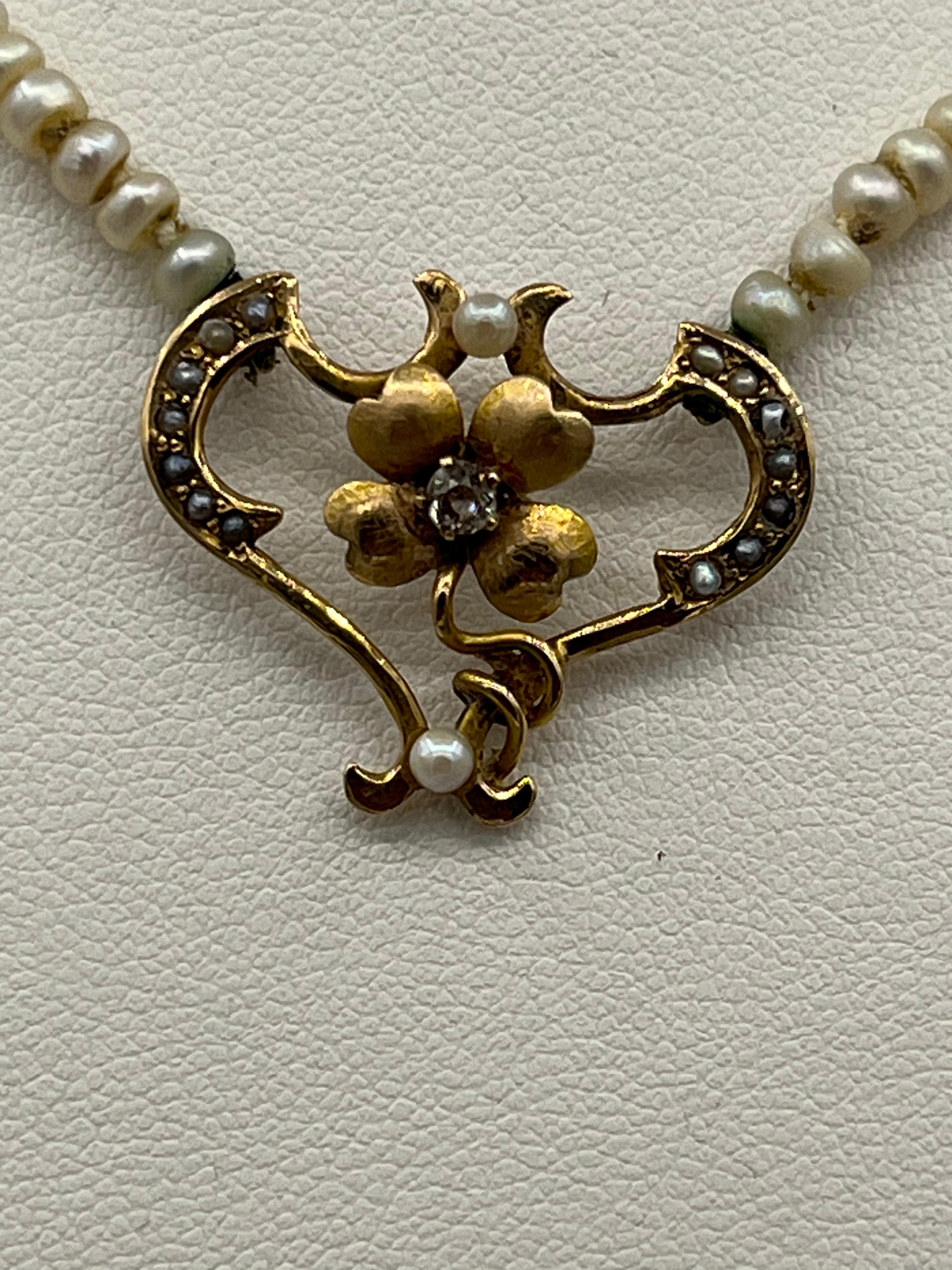 Art nouveau necklace 18 k gold diamonds pearlchain 2