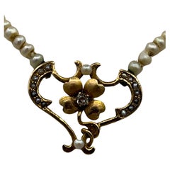 Art nouveau necklace 18 k gold diamonds pearlchain