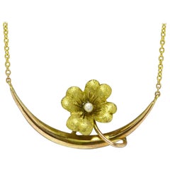 Art Nouveau Necklace Seed Pearl Flower Forget-Me-Not Antique Gold Floral Pendant
