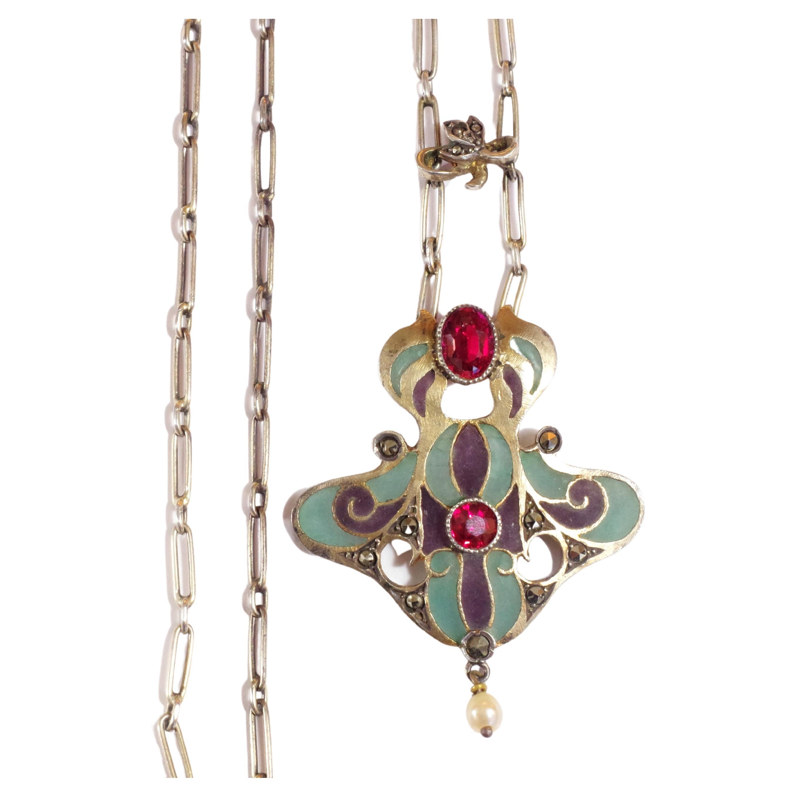 German Art Nouveau Silver Necklace Flower Oval Citrine For Sale at 1stDibs