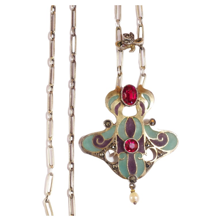 Coulant De Sautoir Art Nouveau En Argent Et émail Plique-à-jour - Bijou Ancien, Couleurs Arc-en-ciel