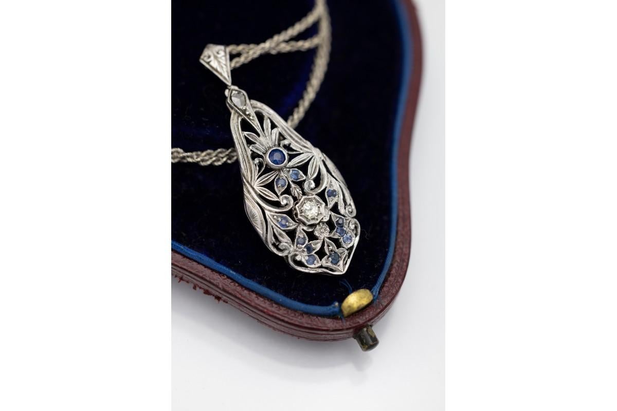 Art Nouveau necklace with diamonds and sapphires, 1930s. In Good Condition For Sale In Chorzów, PL