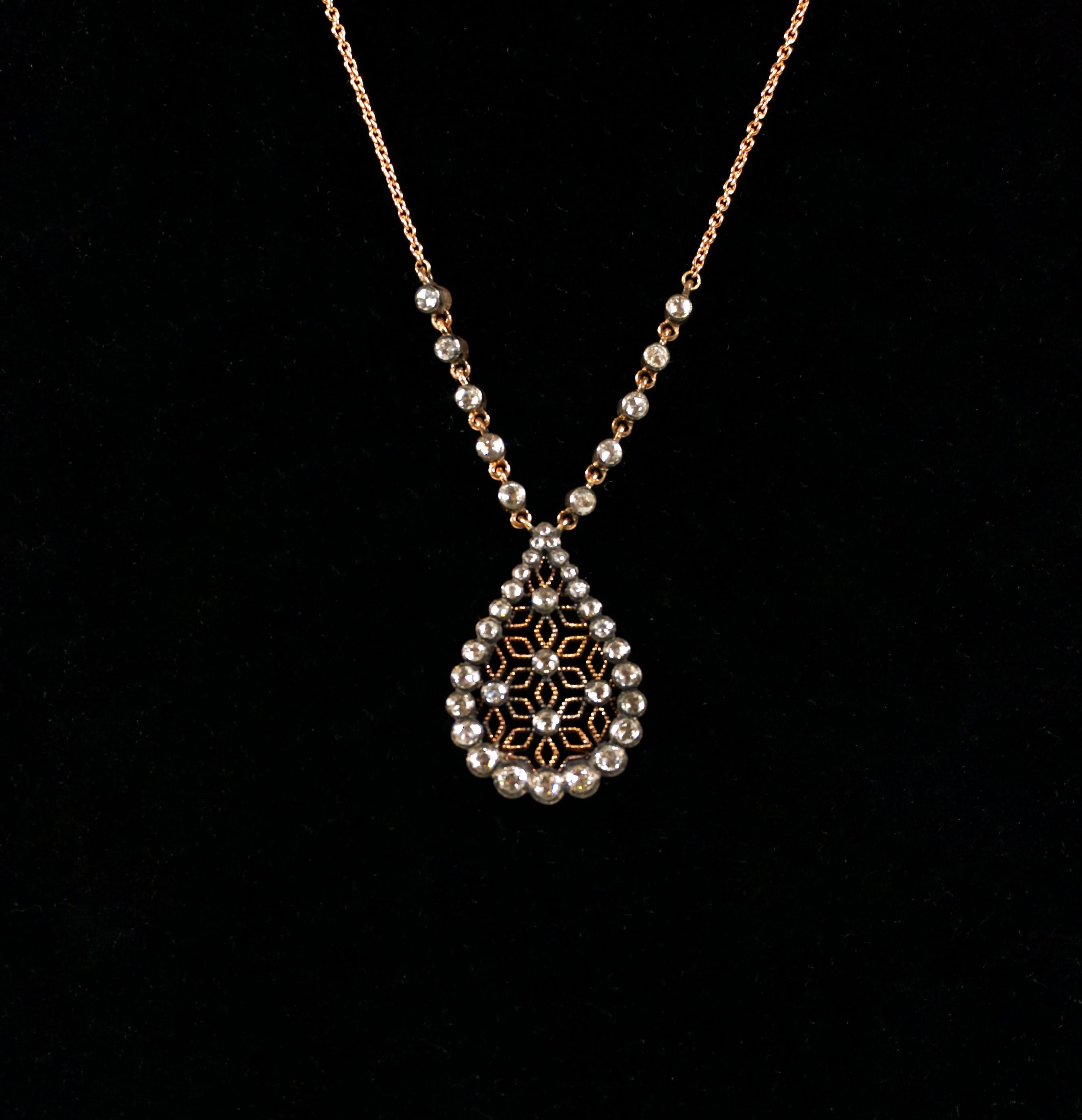 Rose Cut Art Nouveau Necklace With Drop-shaped Pendant, Gold & Diamonds, Vienna, Ca 1900 For Sale