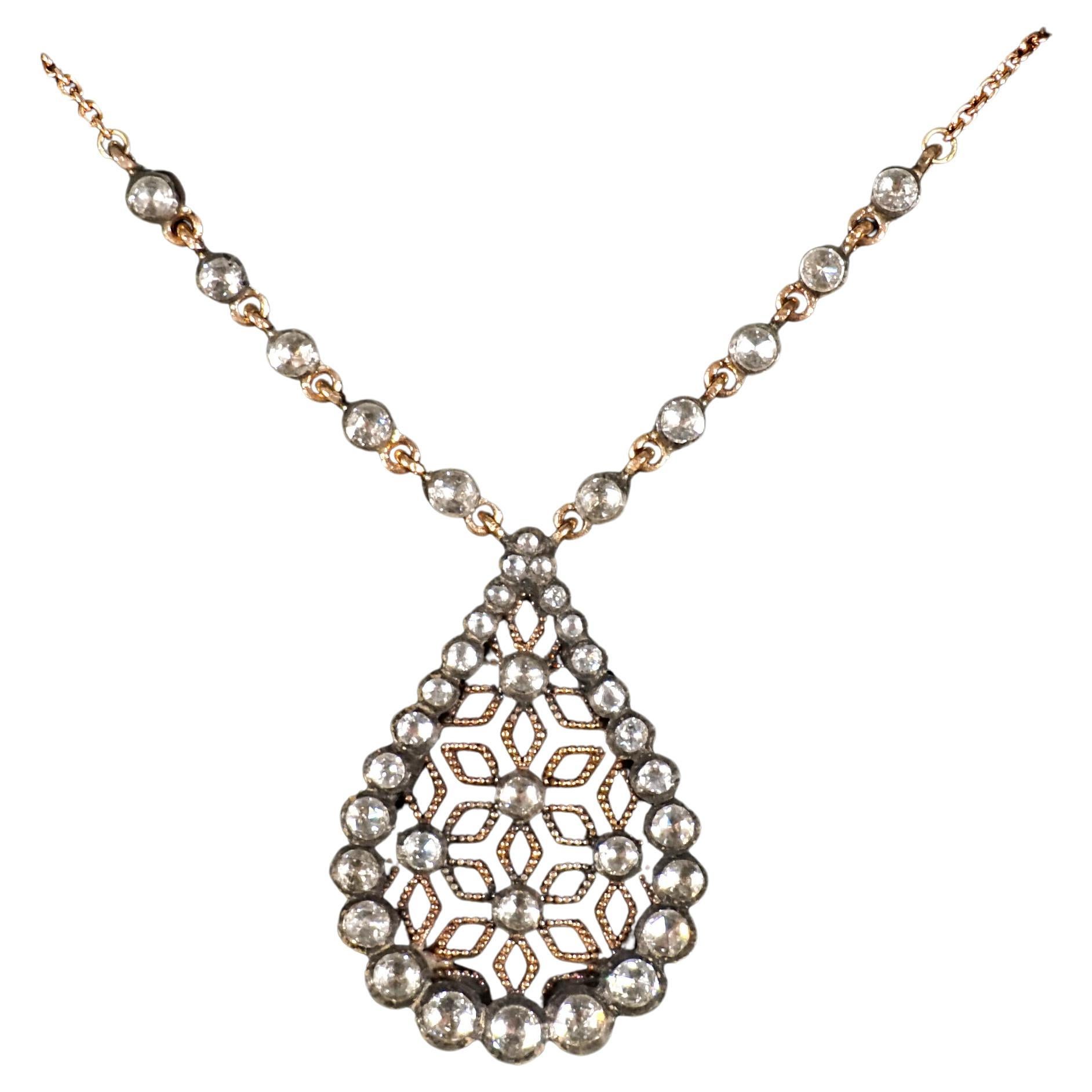 Art Nouveau Necklace With Drop-shaped Pendant, Gold & Diamonds, Vienna, Ca 1900 For Sale