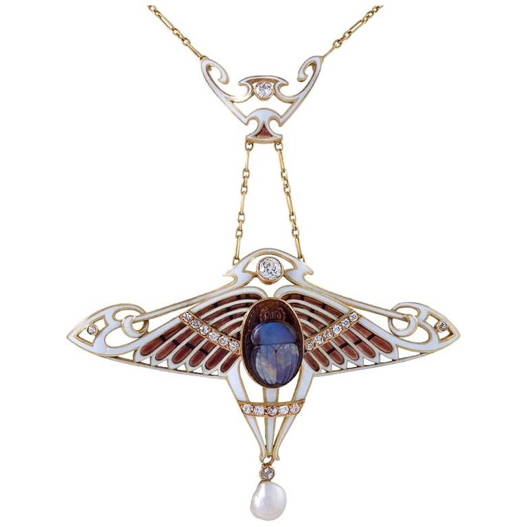 Antoine Bricteux Egyptian Revival opal scarab necklace, ca. 1900, offered by  Macklowe Gallery Jewelry