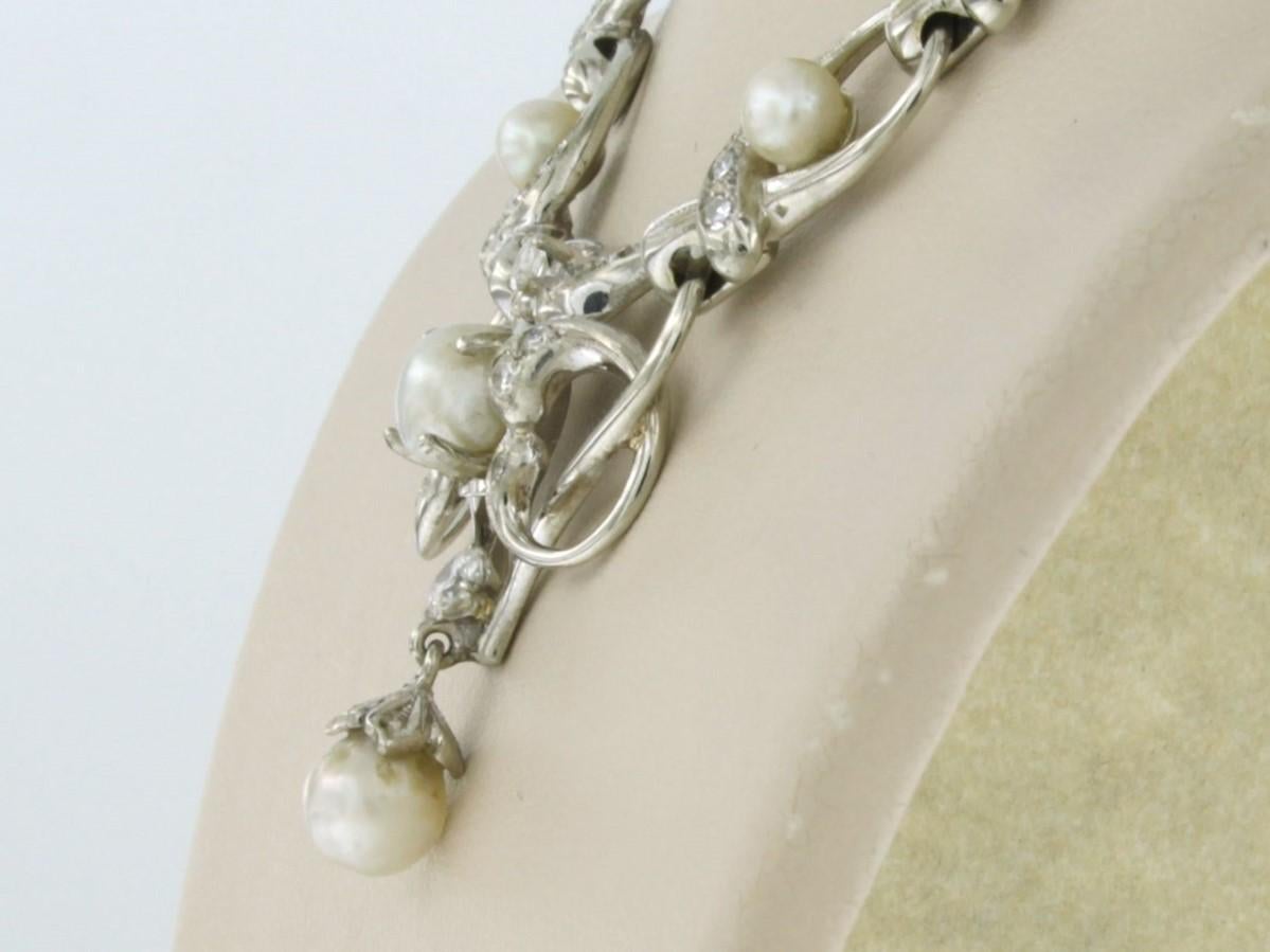 Brilliant Cut ART NOUVEAU necklace with pearls and diamonds up to 0.75ct 14k white gold