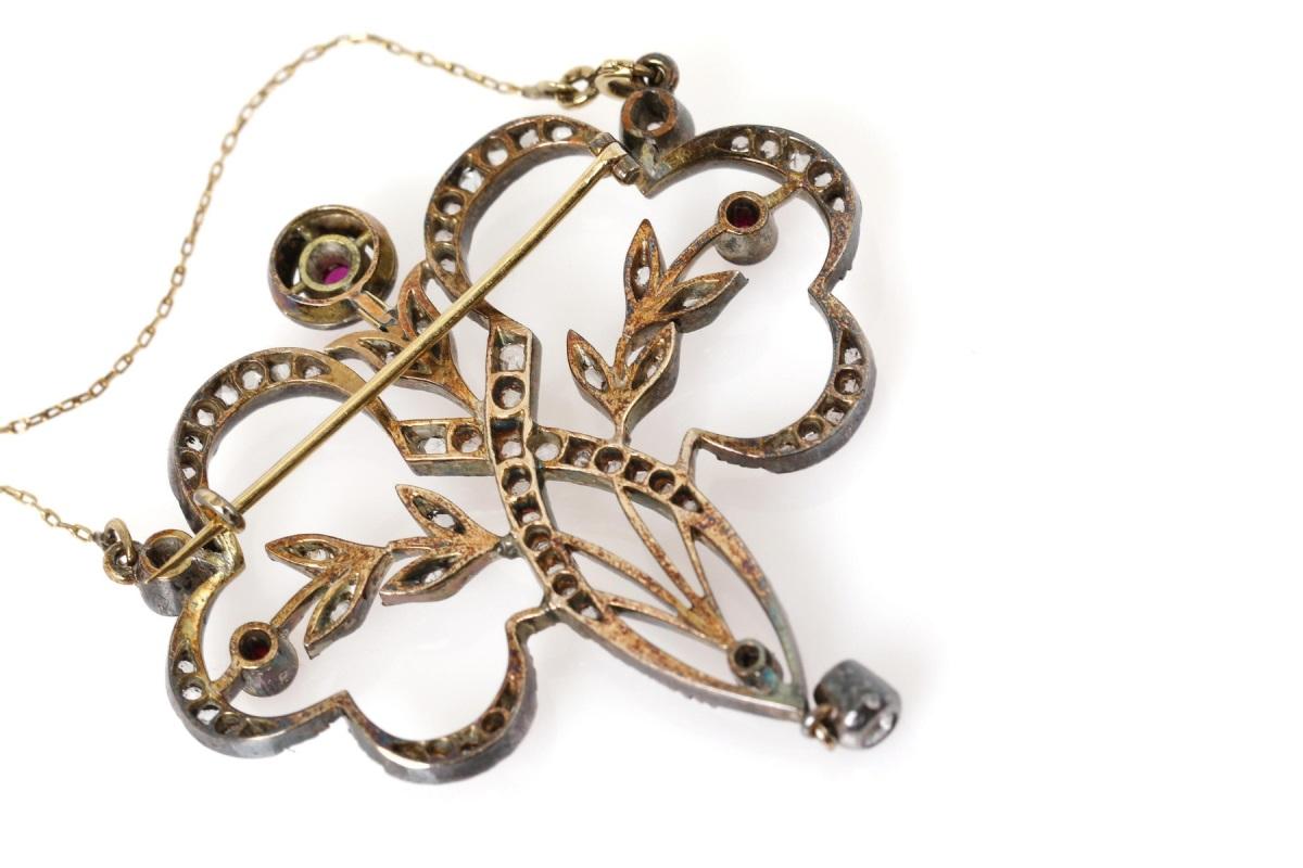 Rose Cut Art Nouveau necklace with rose cut diamonds and rubies. For Sale