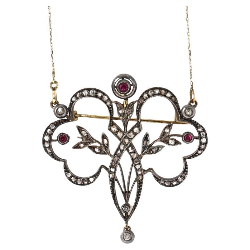 Art Nouveau necklace with rose cut diamonds and rubies. For Sale