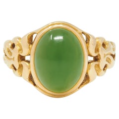 Bague signet unisexe Art Nouveau en or jaune 14 carats et jade néphrite