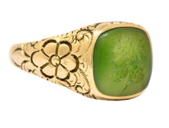 Art Nouveau Nephrite Jade Intaglio 14 Karat Gold Zeus Signet Ring