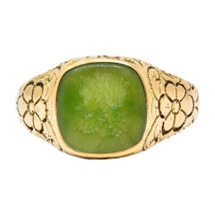 Art Nouveau Nephrite Jade Intaglio 14 Karat Gold Zeus Signet Ring
