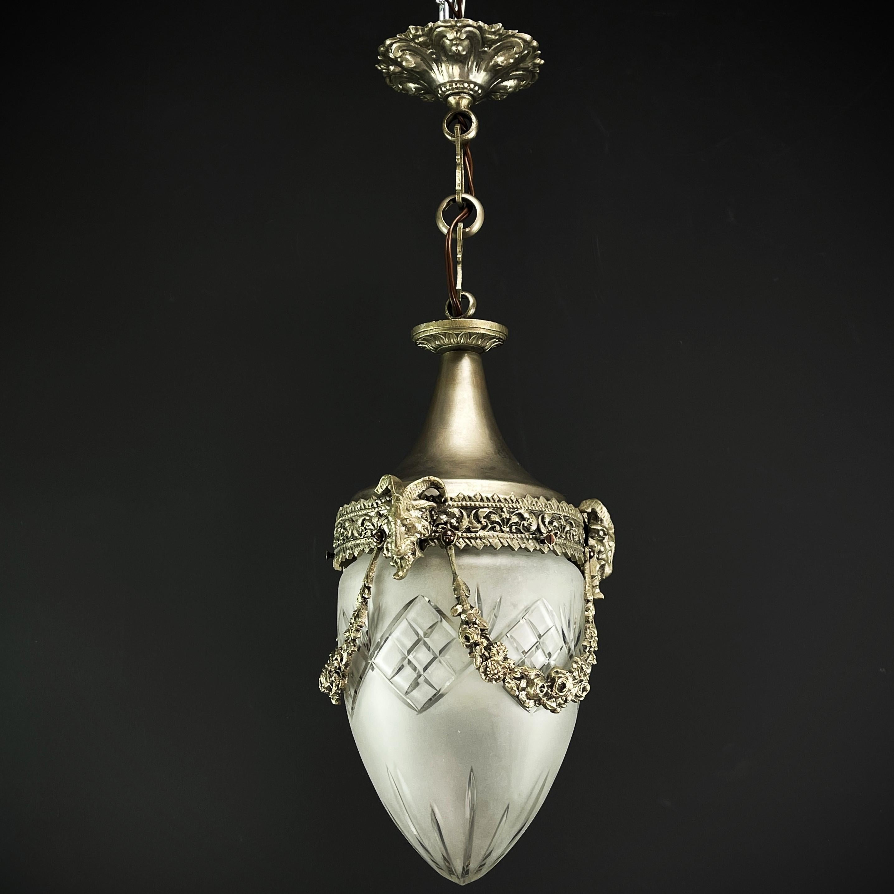 Brass Art Nouveau Nickel Teardrop Shape Hanging Lamp, 1900s For Sale
