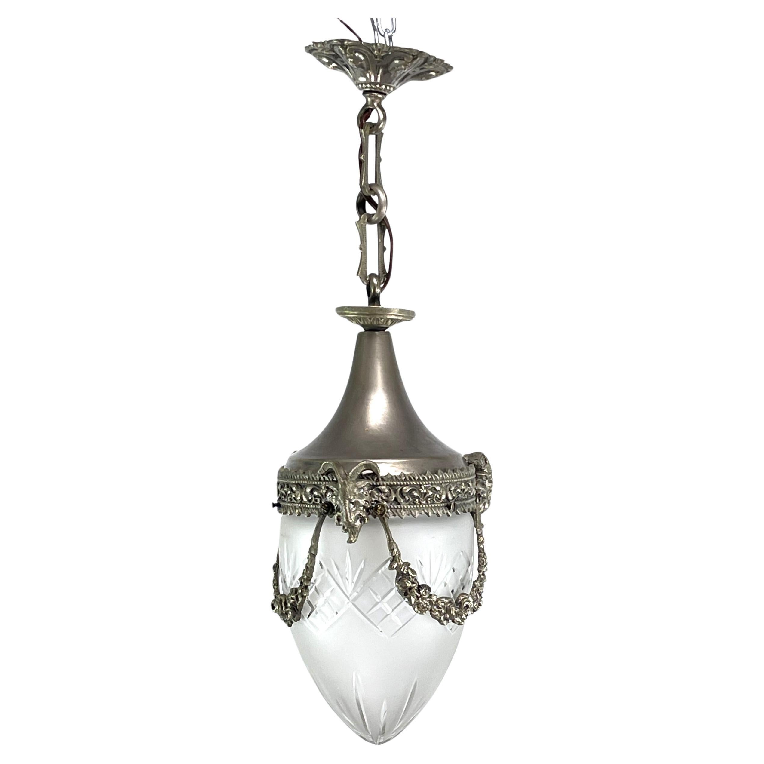 Art Nouveau Nickel Teardrop Shape Hanging Lamp, 1900s