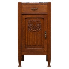 Art Nouveau Nightstand, Solid Oak & Marble Top, Hand-Carved, 1920s