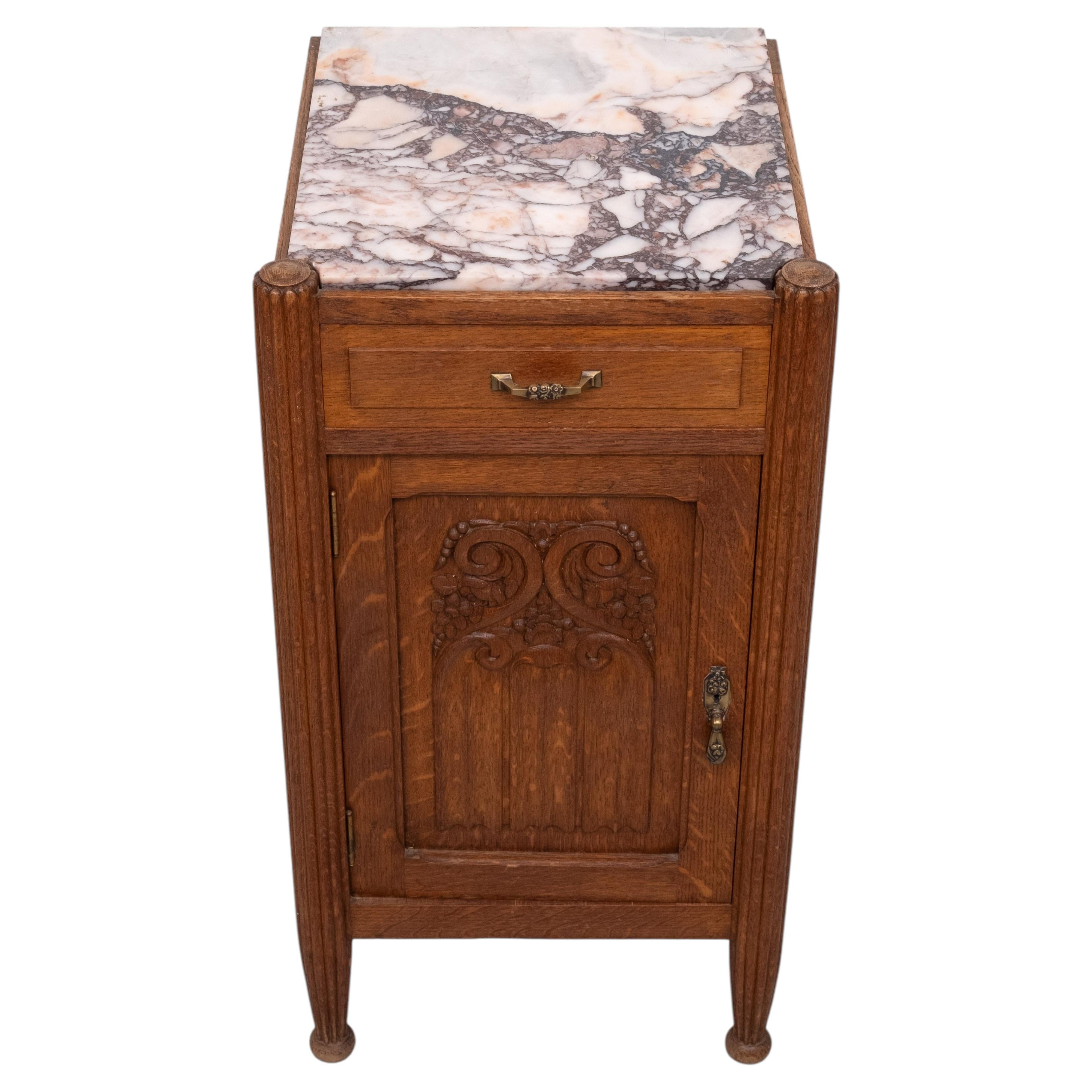 Art Nouveau Nightstand, Solid Oak & Marble Top, Hand-Carved, 1920s