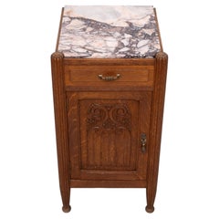 Art Nouveau Nightstand, Solid Oak & Marble Top, Hand-Carved, 1920s