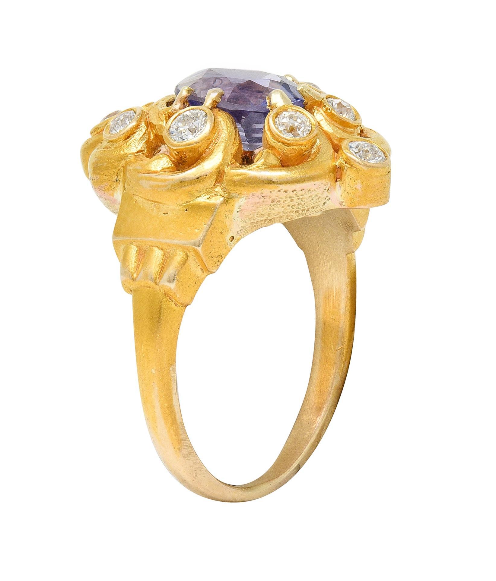 Art Nouveau No Heat Ceylon Purple Sapphire Diamond 14 Karat Gold Antique Ring For Sale 5