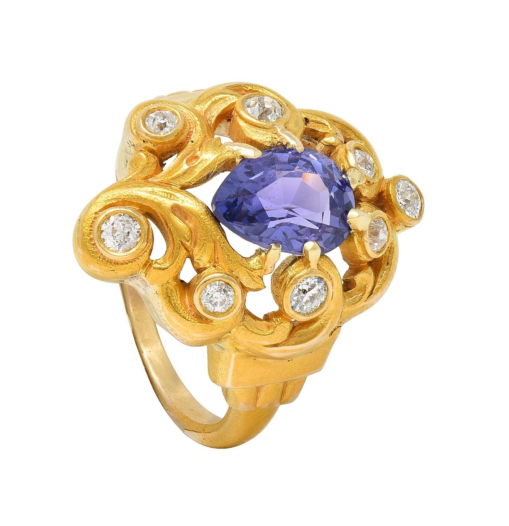 Art Nouveau No Heat Ceylon Purple Sapphire Diamond 14 Karat Gold Antique Ring For Sale 8