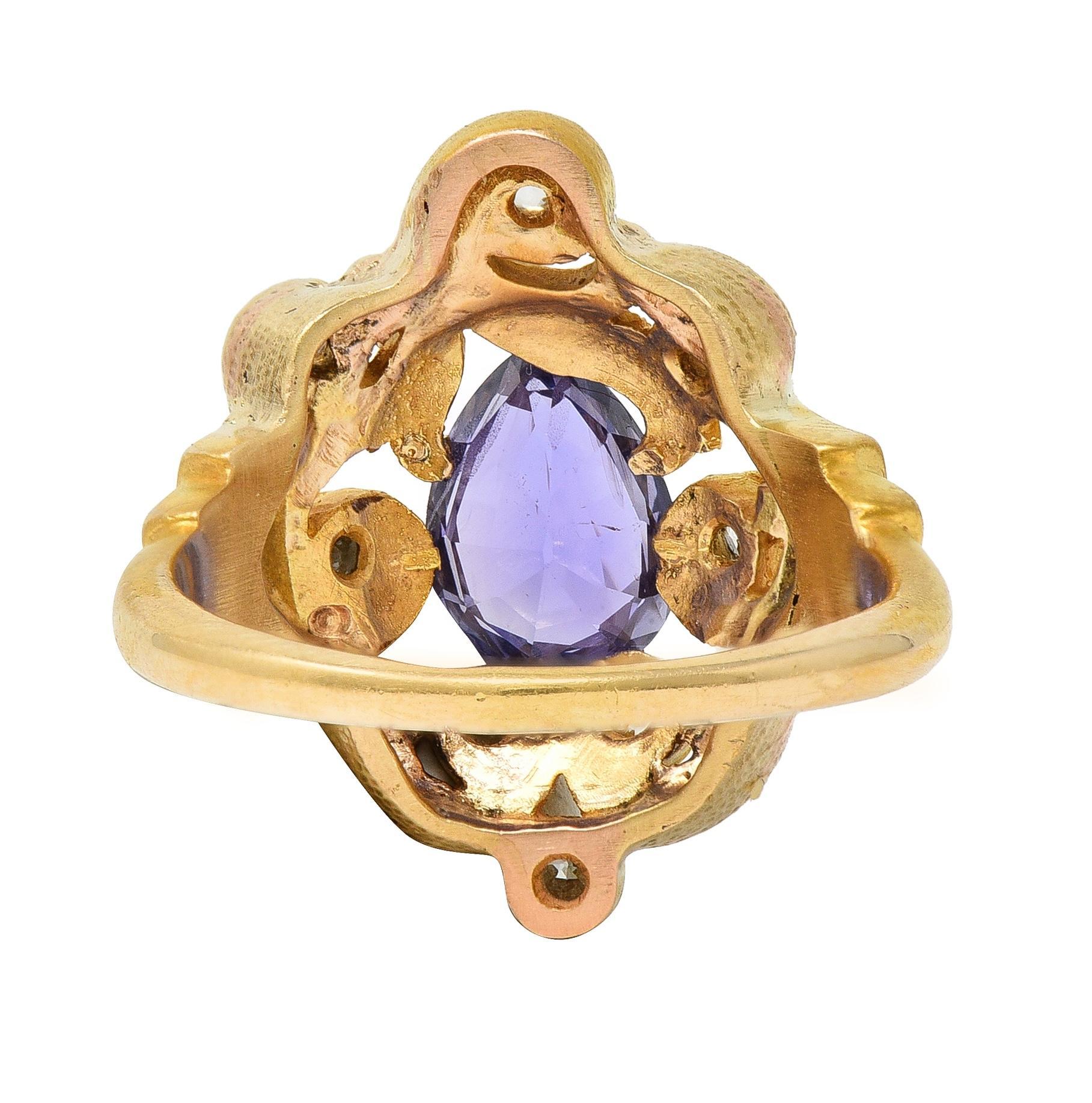 Art Nouveau No Heat Ceylon Purple Sapphire Diamond 14 Karat Gold Antique Ring In Excellent Condition For Sale In Philadelphia, PA