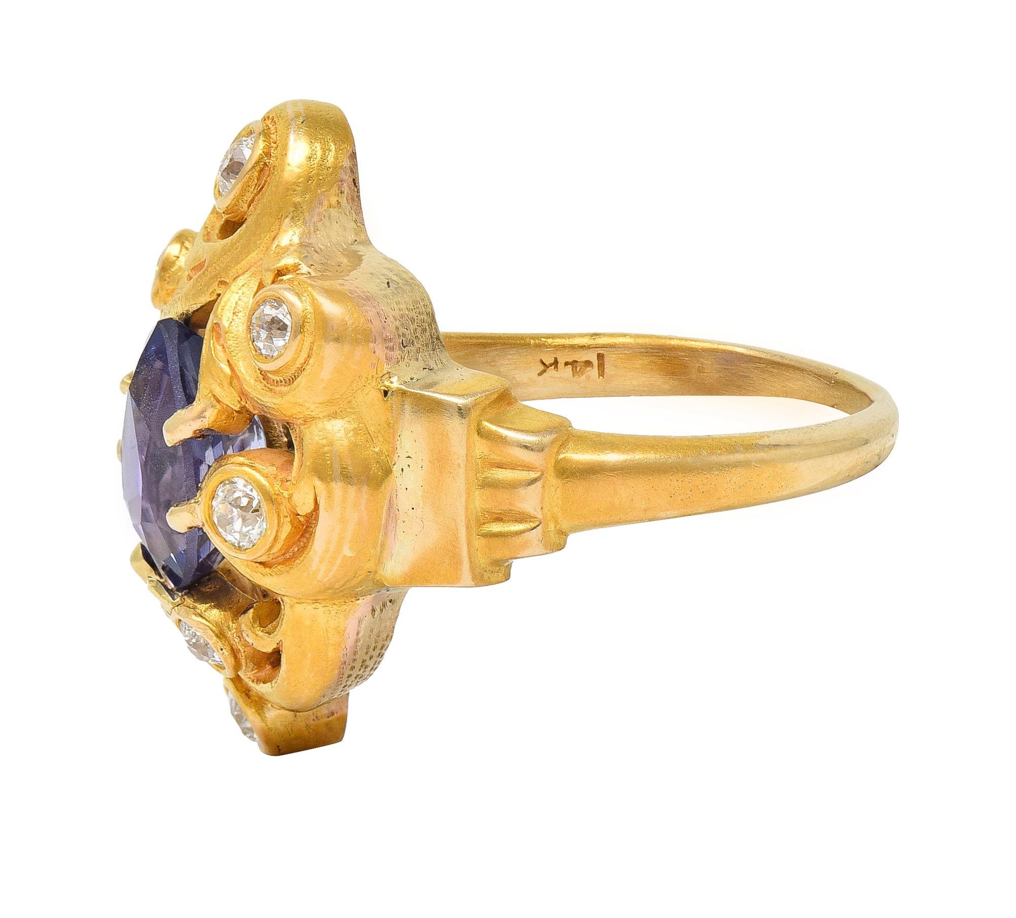 Women's or Men's Art Nouveau No Heat Ceylon Purple Sapphire Diamond 14 Karat Gold Antique Ring For Sale