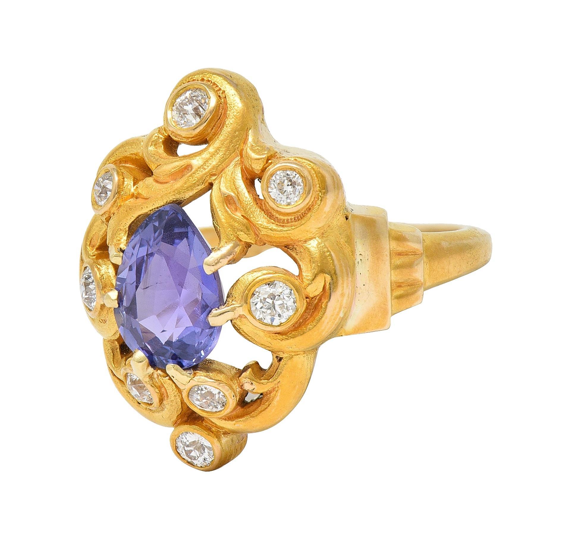 Art Nouveau No Heat Ceylon Purple Sapphire Diamond 14 Karat Gold Antique Ring For Sale 1
