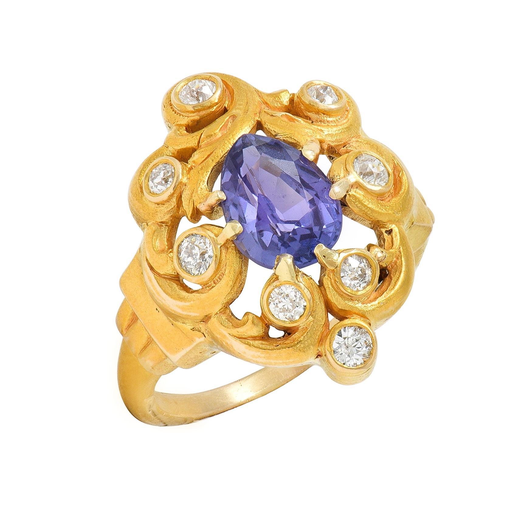 Art Nouveau No Heat Ceylon Purple Sapphire Diamond 14 Karat Gold Antique Ring For Sale 3