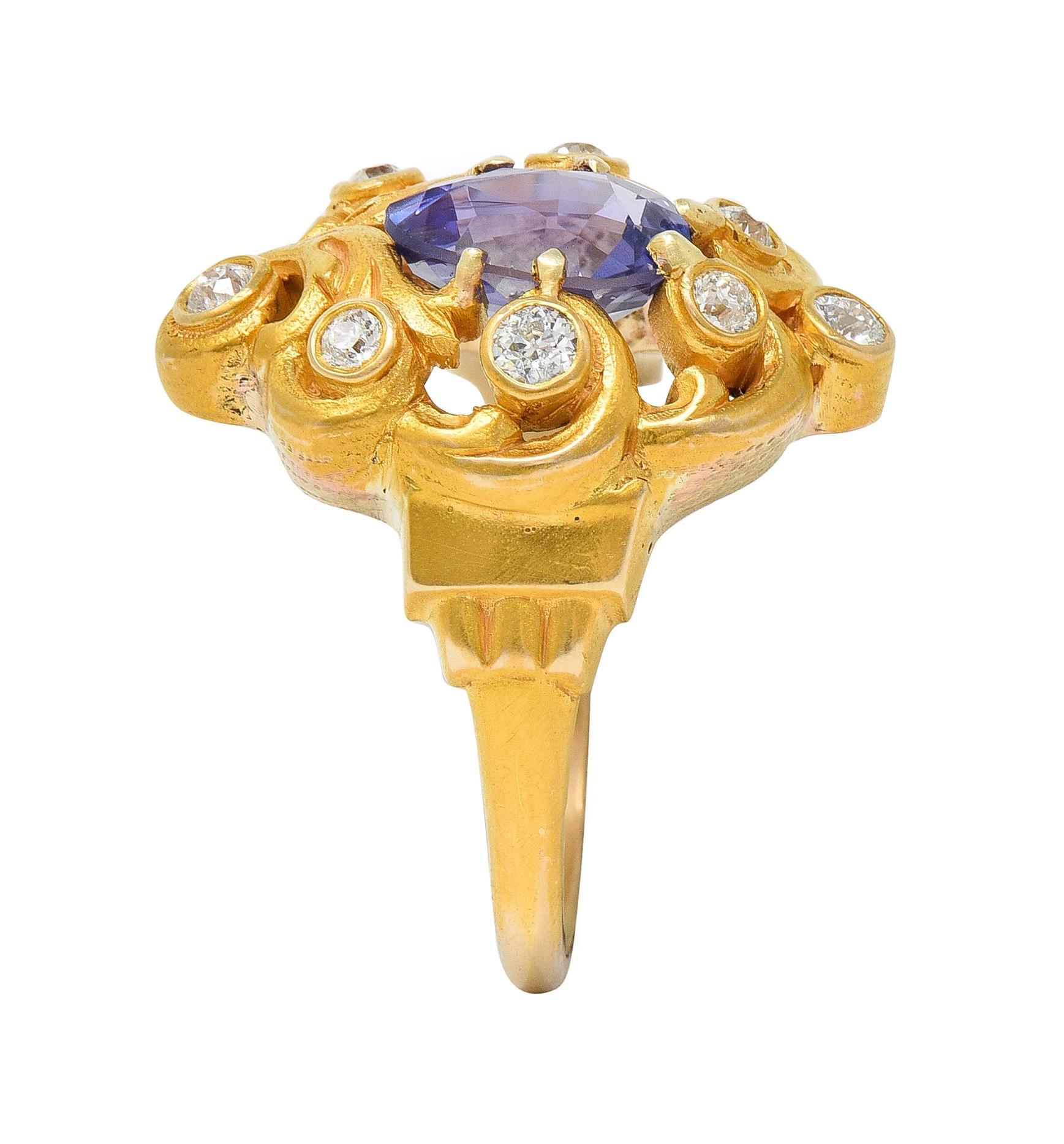 Art Nouveau No Heat Ceylon Purple Sapphire Diamond 14 Karat Gold Antique Ring For Sale 4