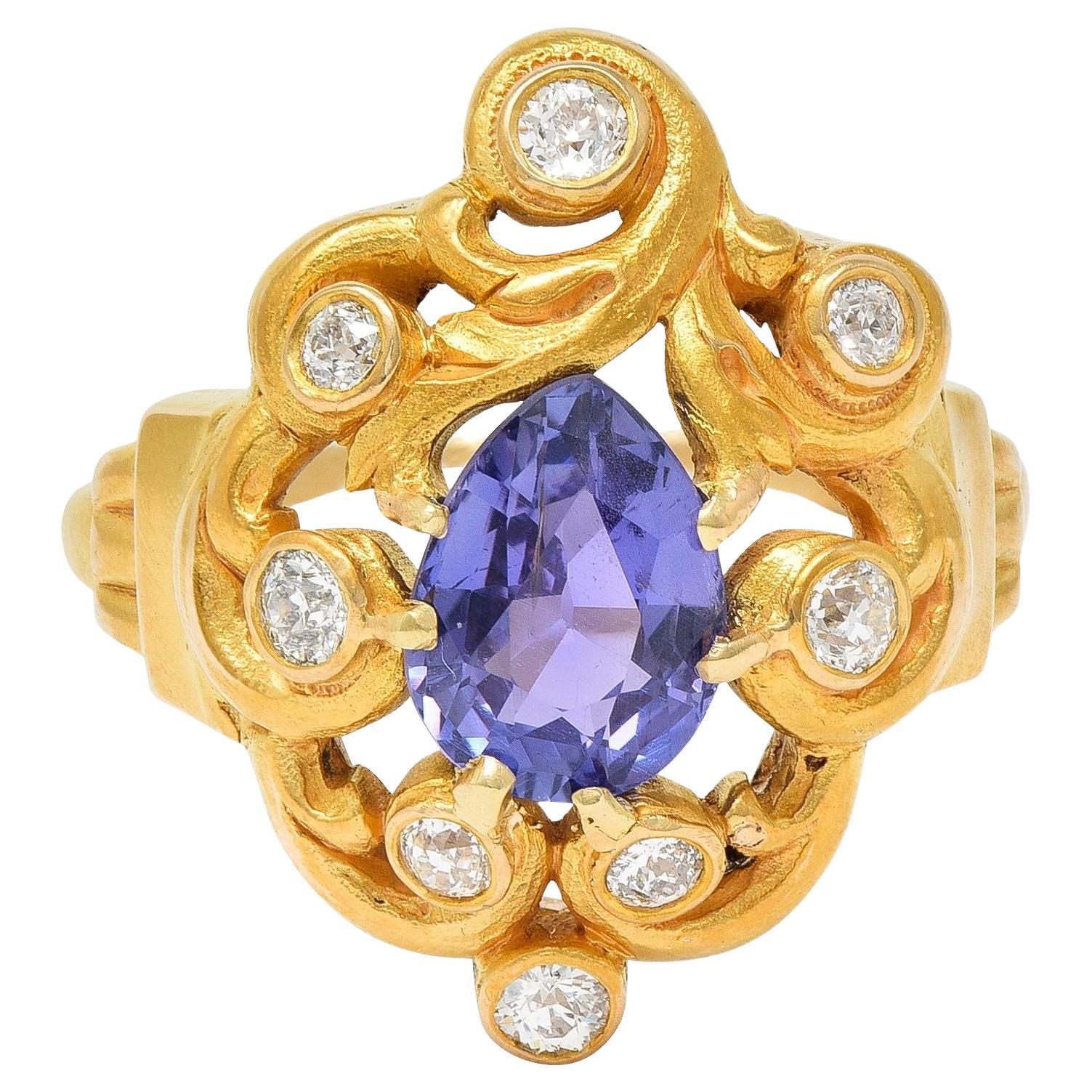 Art Nouveau No Heat Ceylon Purple Sapphire Diamond 14 Karat Gold Antique Ring For Sale