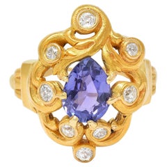 Art Nouveau Sin Calor Zafiro Púrpura de Ceilán Diamante Oro 14 Kilates Anillo Antiguo
