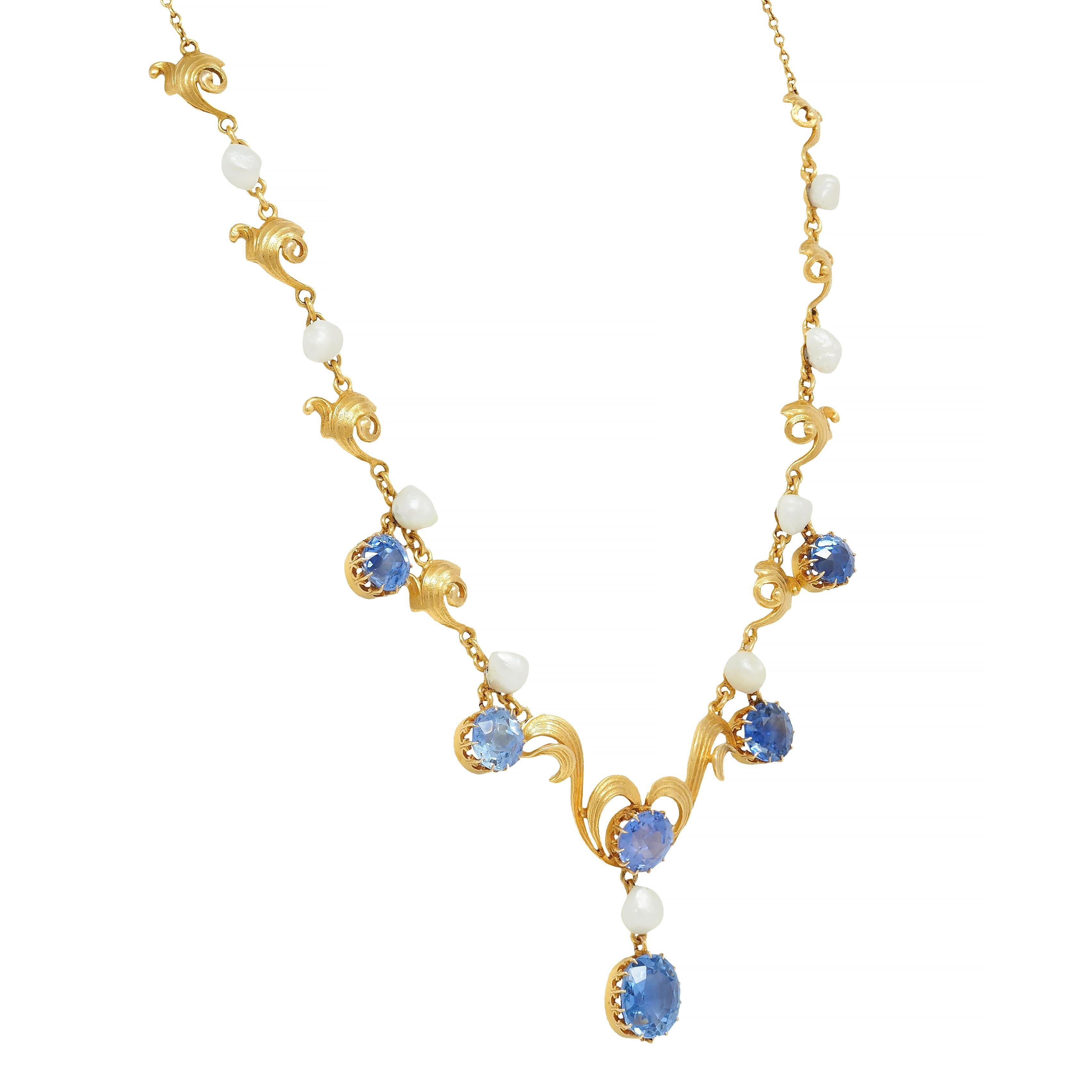 Art Nouveau No Heat Ceylon Sapphire Pearl 14 Karat Gold Antique Heart Necklace In Excellent Condition For Sale In Philadelphia, PA