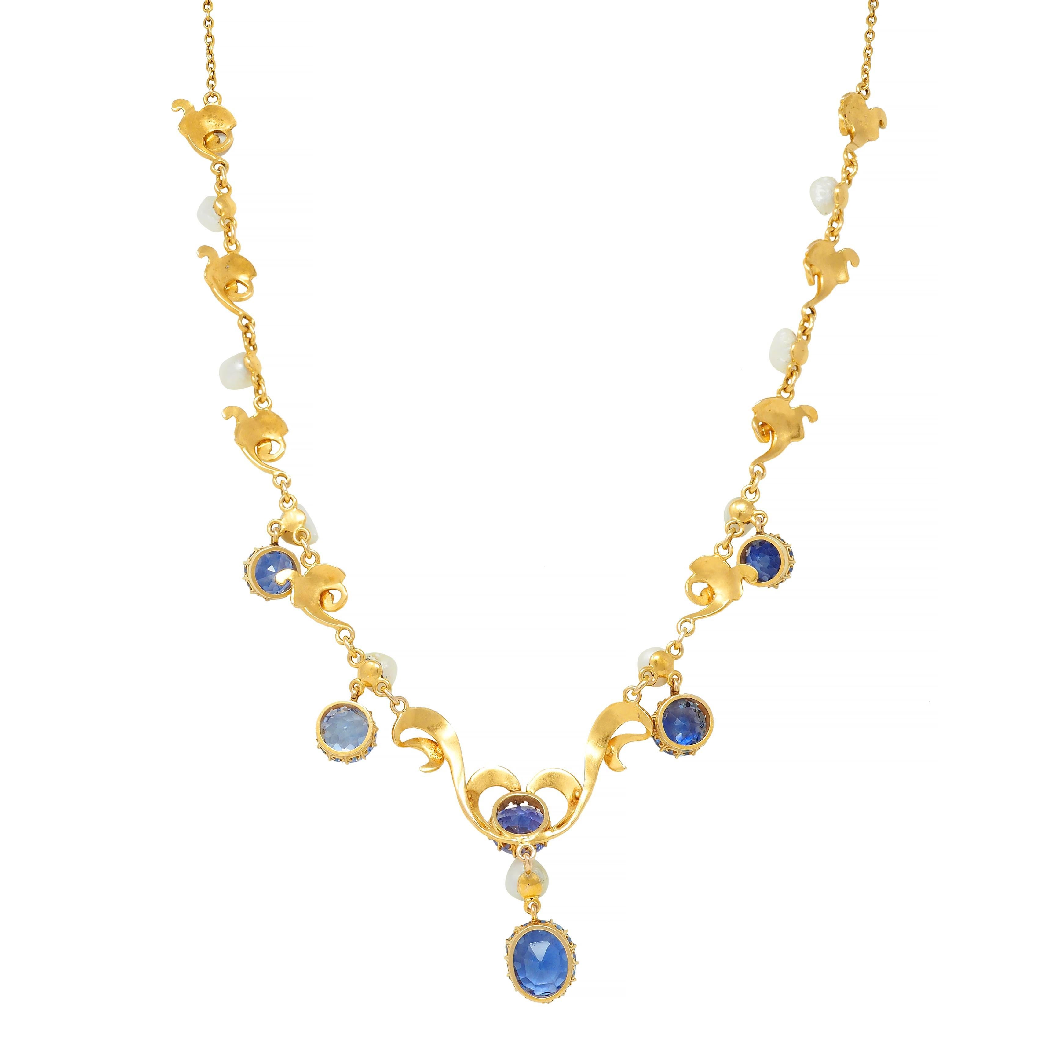 Women's or Men's Art Nouveau No Heat Ceylon Sapphire Pearl 14 Karat Gold Antique Heart Necklace For Sale